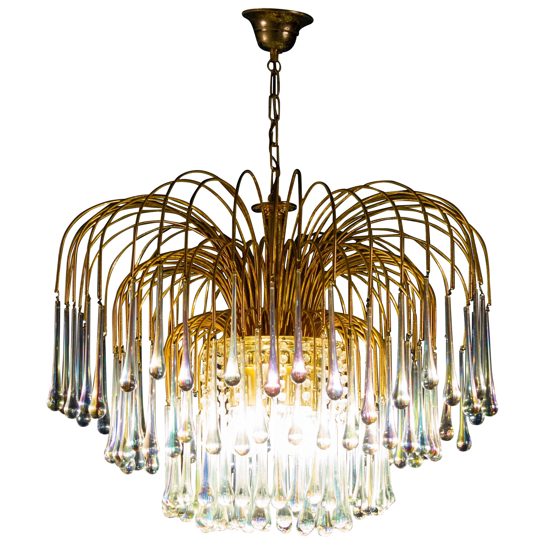 Large Iridescent Murano Glass Drops Chandelier Venini Style 1970s