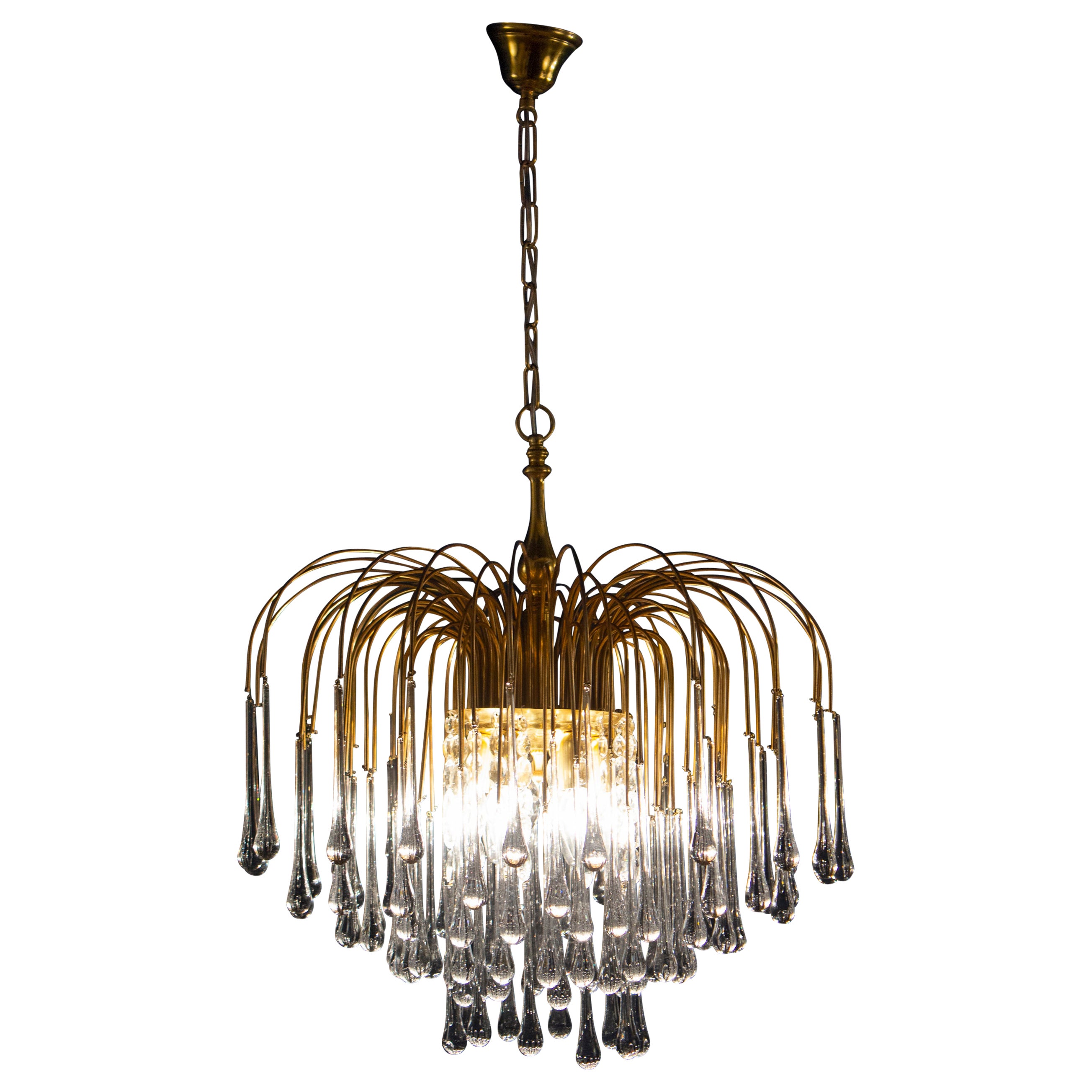 Grande lampadario a gocce in vetro di Murano iridescente stile Venini anni '70