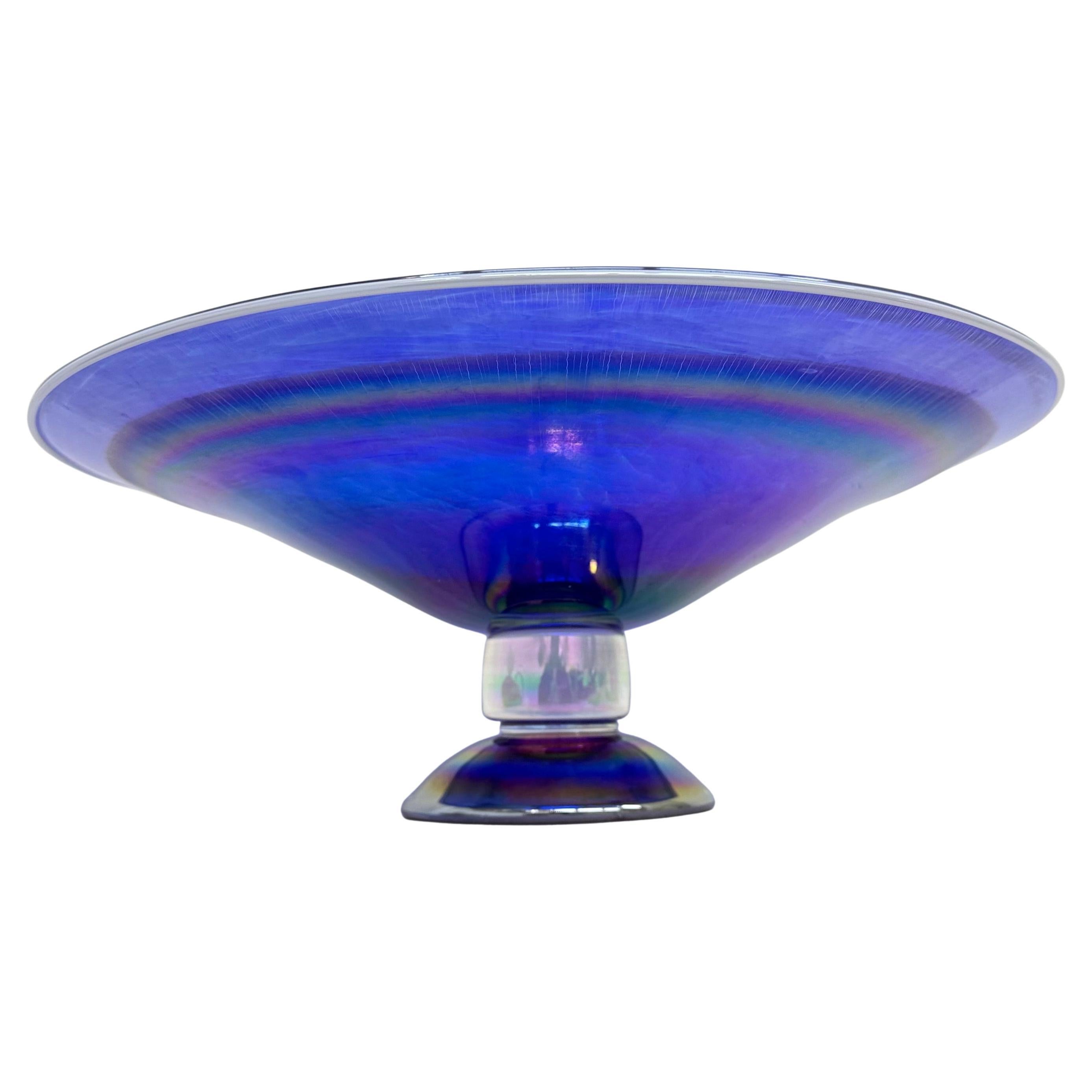 Large Iridescent signed Glass Bowl , 1990s in vendita