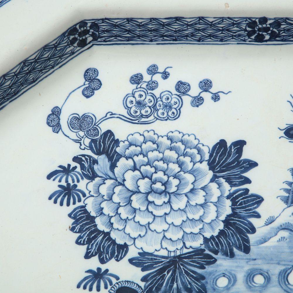 large blue and white serving platters