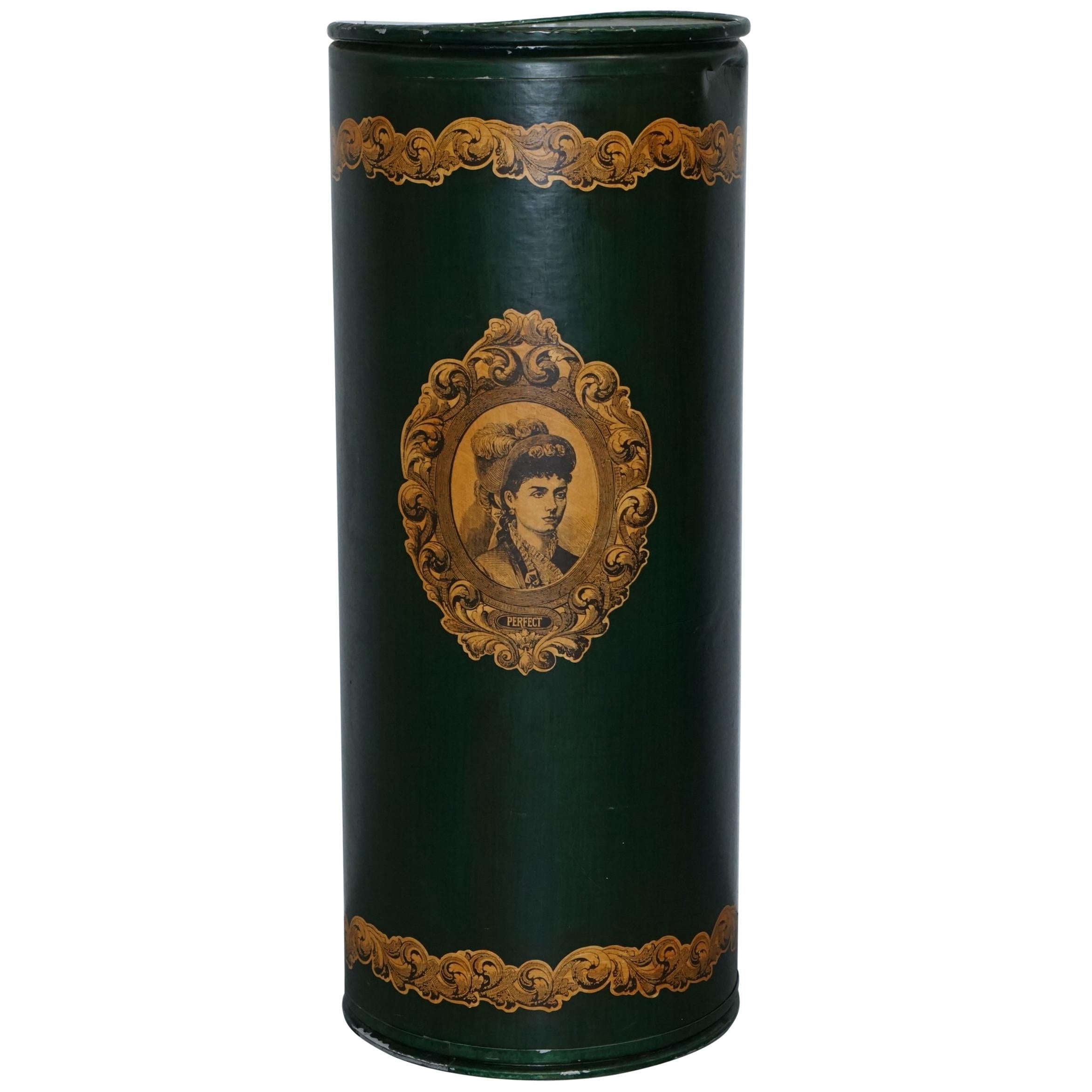 Large Irish Green Pedestal Drum Stand with Picture of a Victorian Lady on For Sale