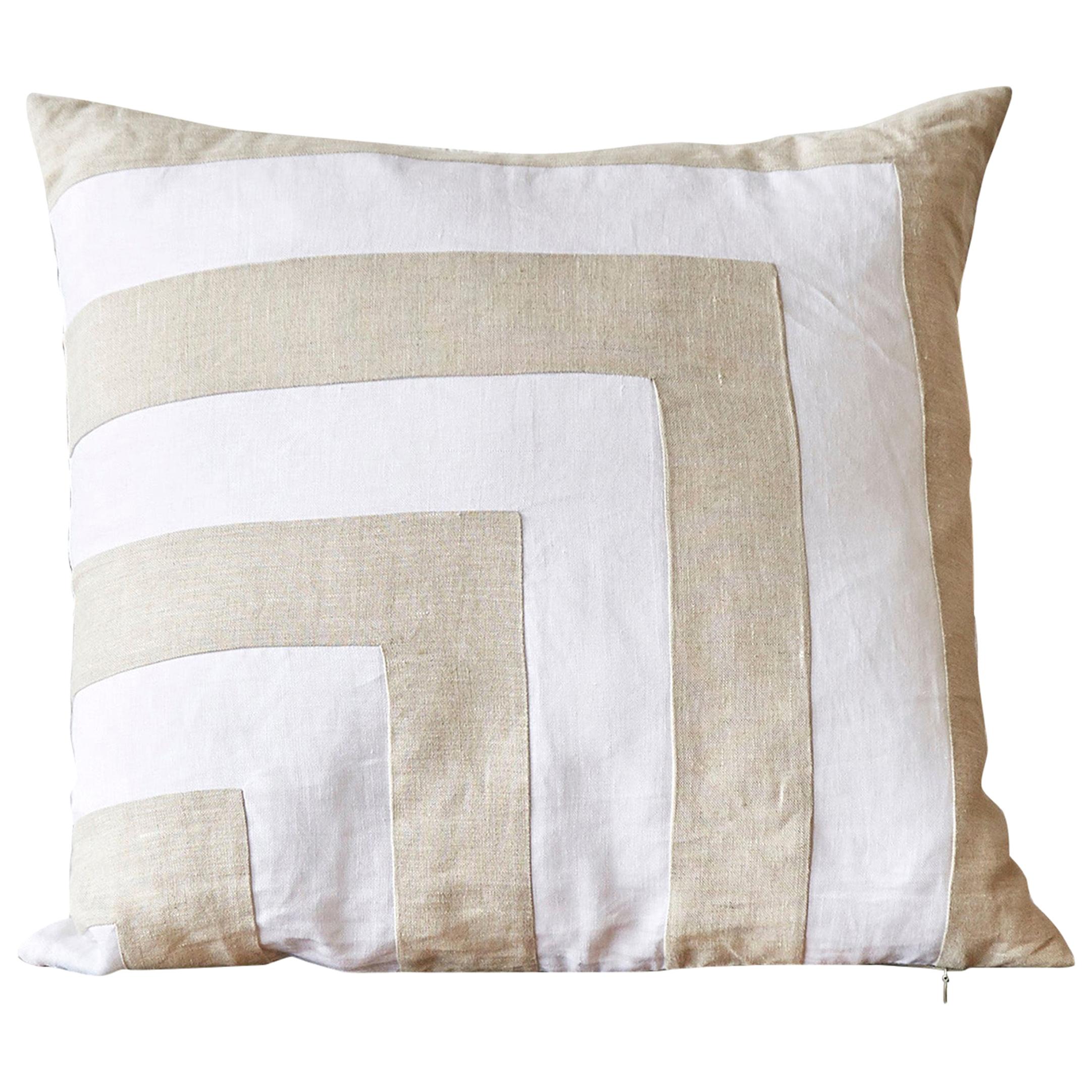 Large Irish Linen Pillow Cushion Vintage White Natural Patchwork For Sale