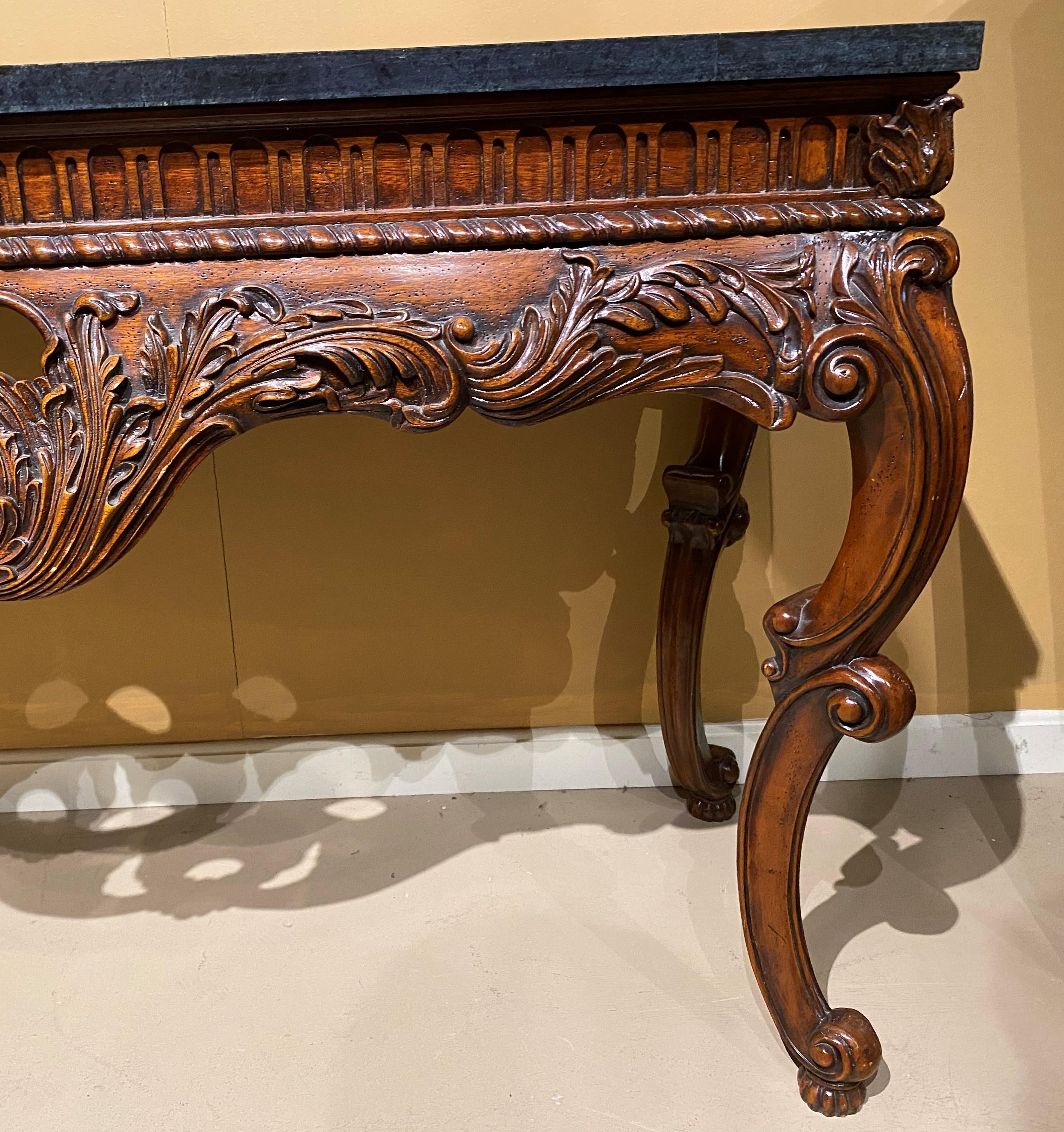 Other Large Irish Rococo Style Scroll Carved Fruitwood Console with Faux Stone Top