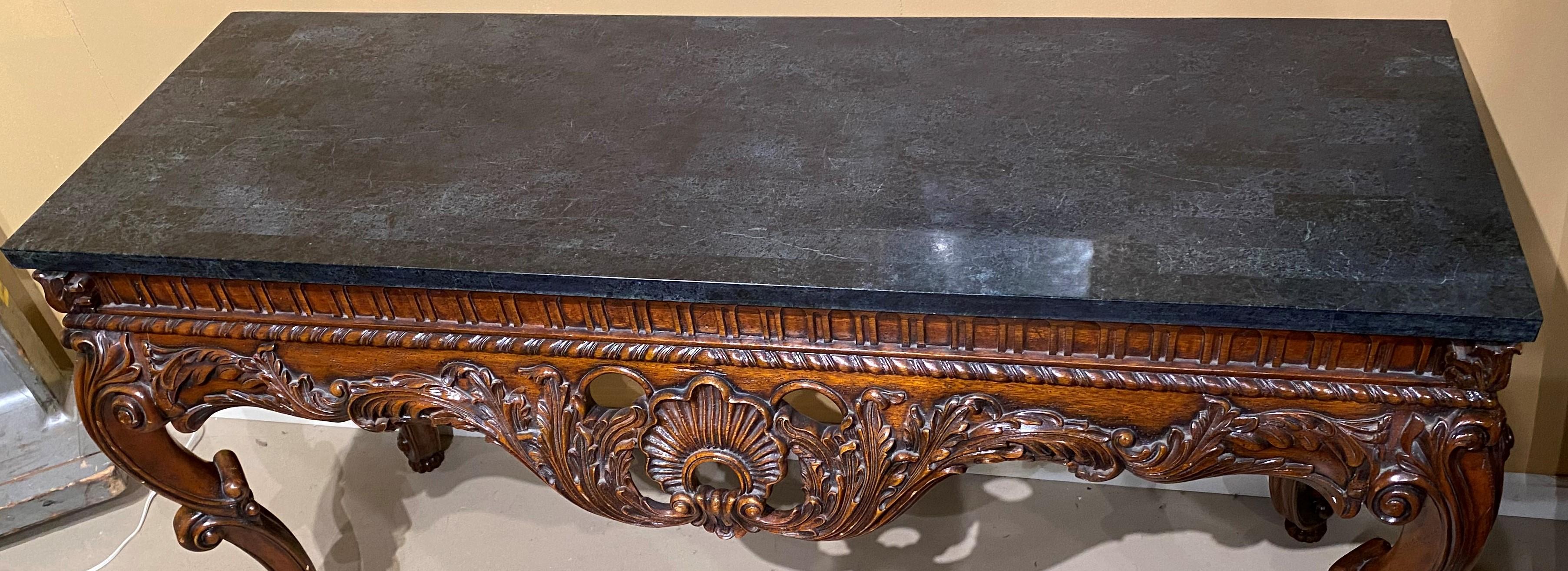 Large Irish Rococo Style Scroll Carved Fruitwood Console with Faux Stone Top In Good Condition In Milford, NH