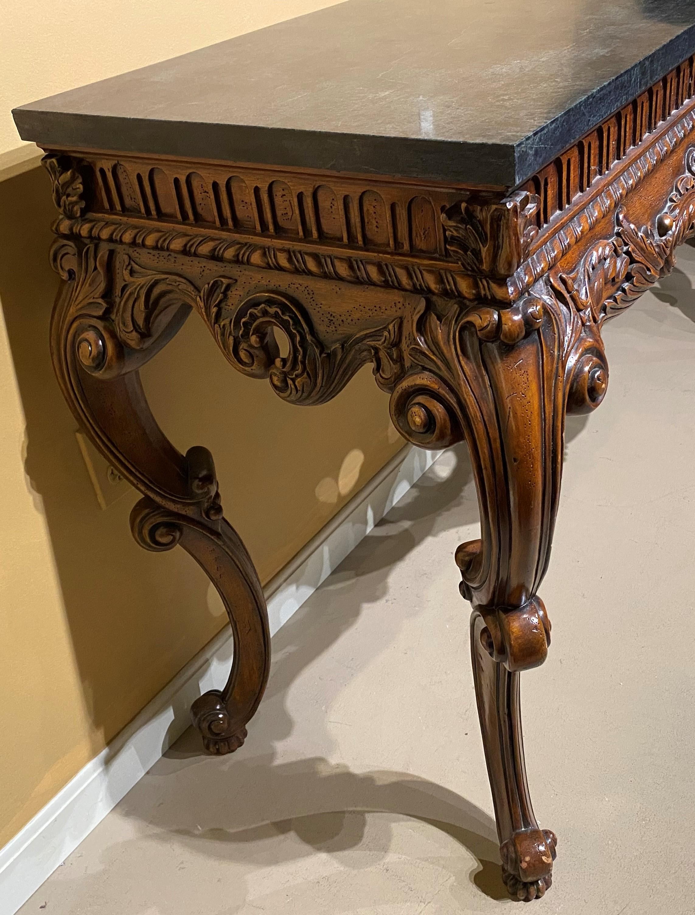 Wood Large Irish Rococo Style Scroll Carved Fruitwood Console with Faux Stone Top