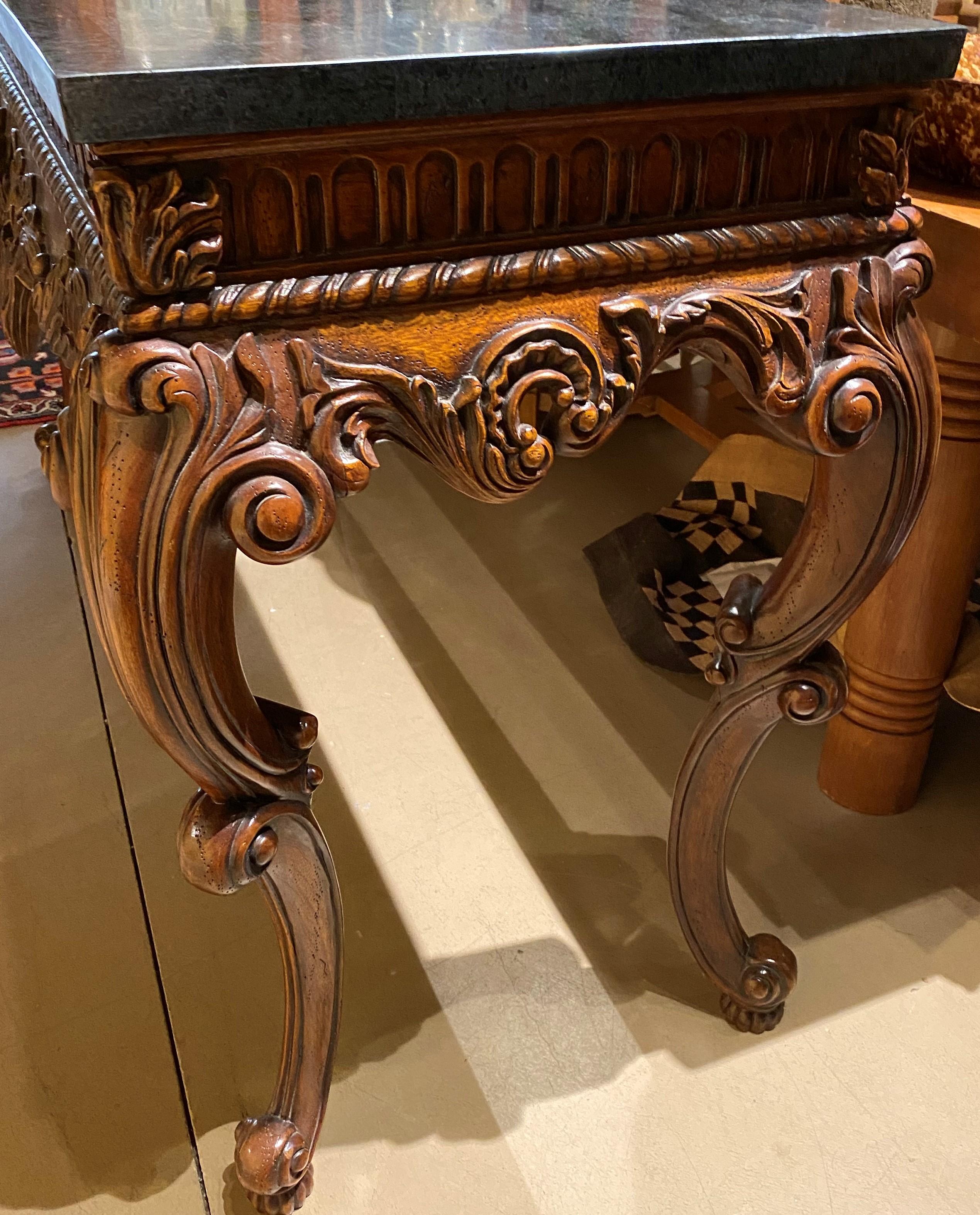 Large Irish Rococo Style Scroll Carved Fruitwood Console with Faux Stone Top 1