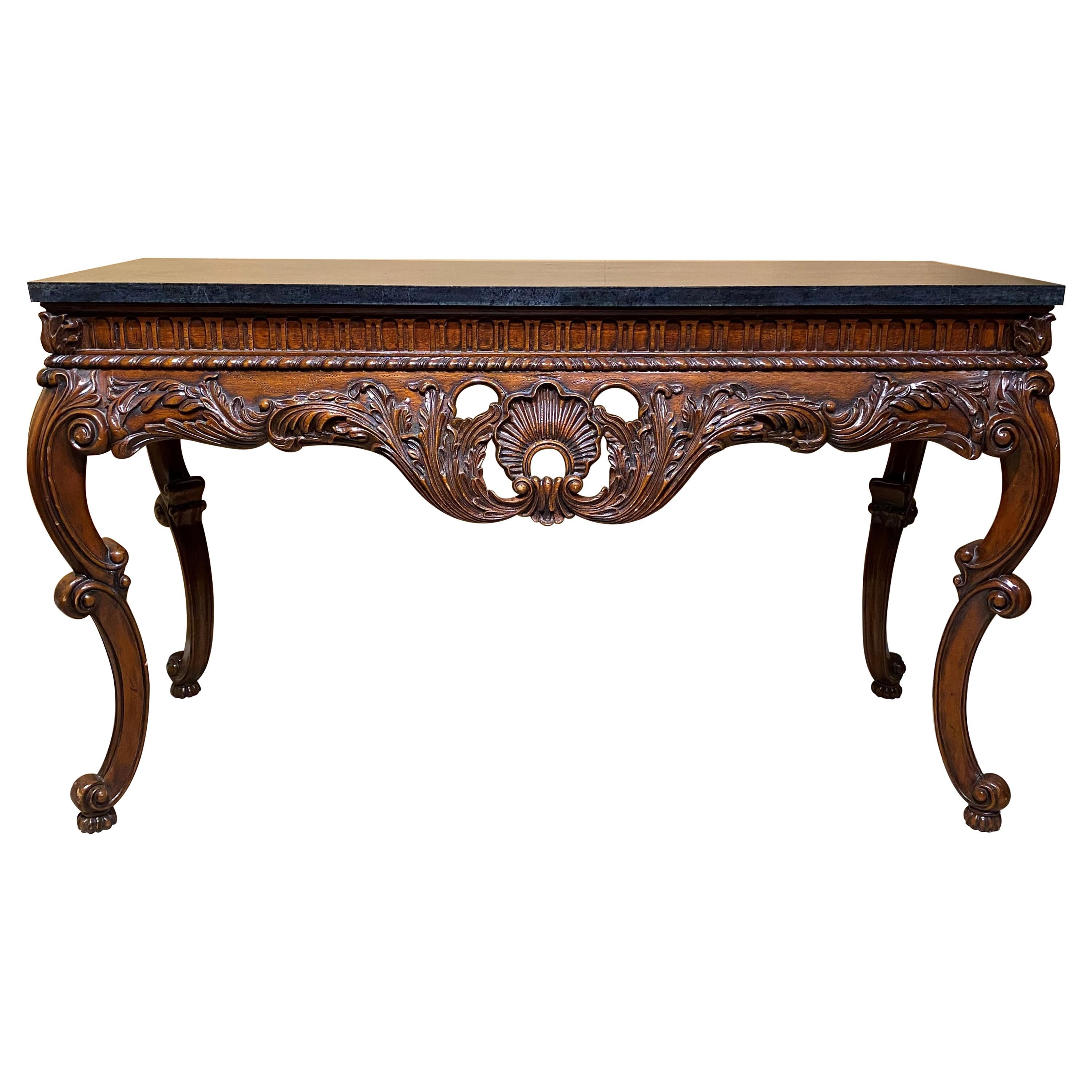 Large Irish Rococo Style Scroll Carved Fruitwood Console with Faux Stone Top
