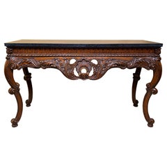 Vintage Large Irish Rococo Style Scroll Carved Fruitwood Console with Faux Stone Top