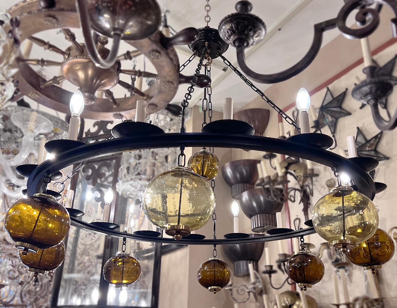 Large Iron and Blown Glass Chandelier For Sale 5