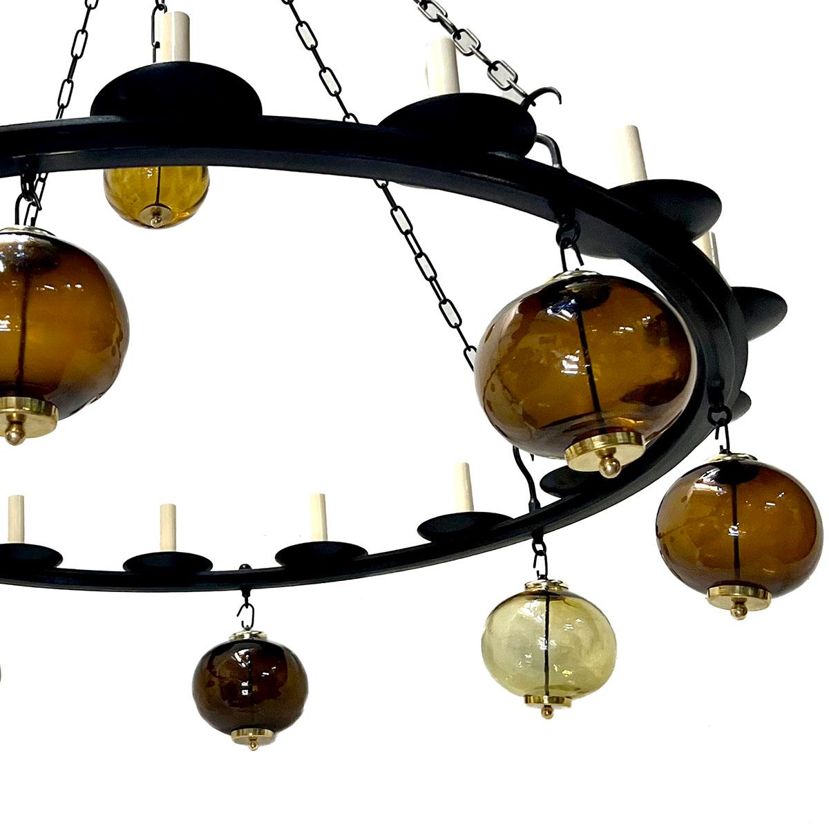 Swedish Large Iron and Blown Glass Chandelier For Sale