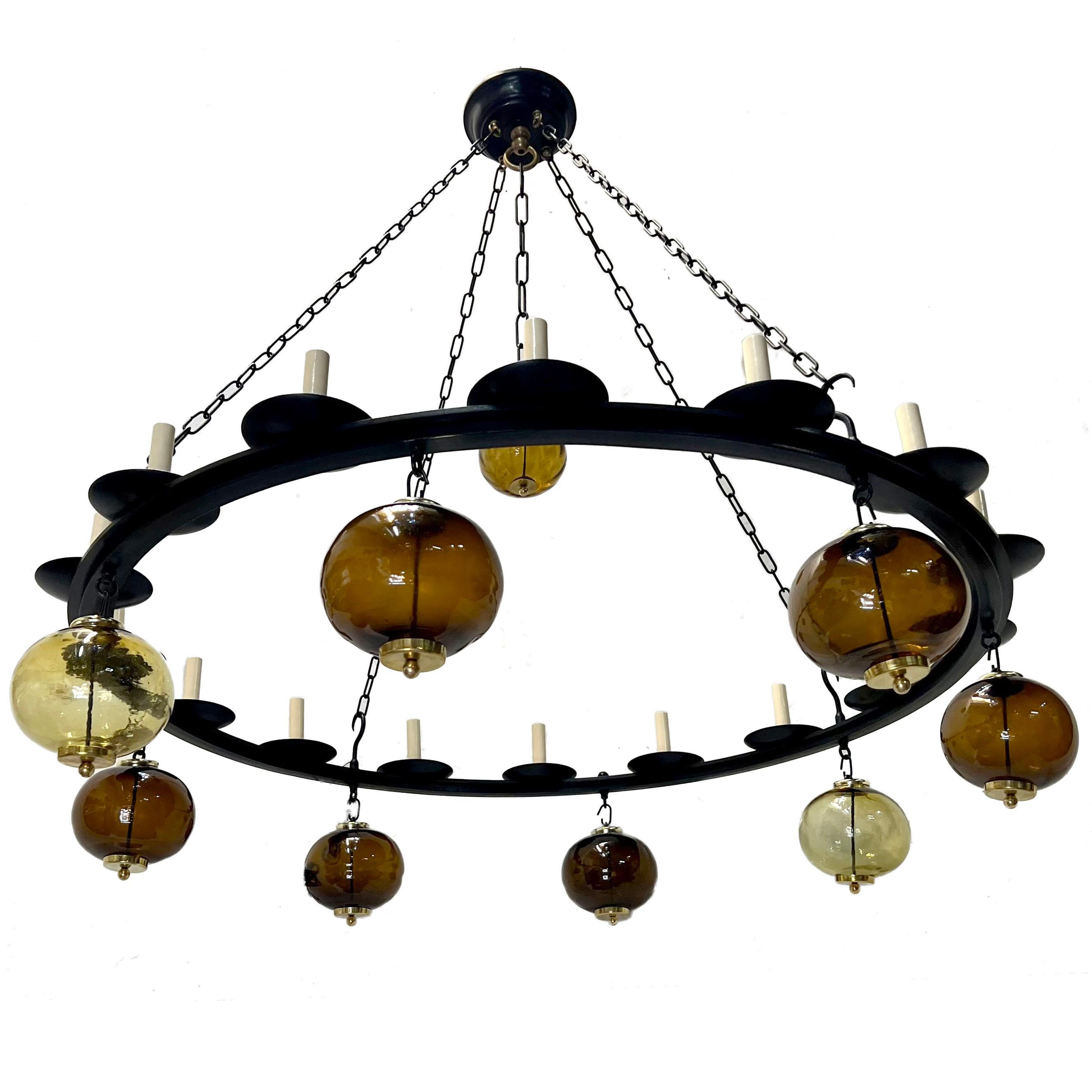 Large Iron and Blown Glass Chandelier In Good Condition For Sale In New York, NY