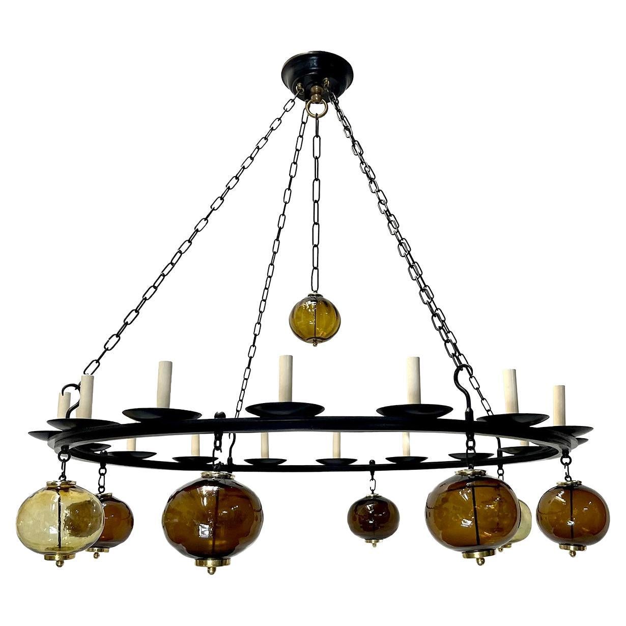 Large Iron and Blown Glass Chandelier For Sale