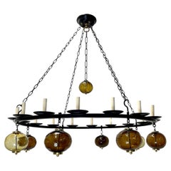 Large Iron and Blown Glass Chandelier