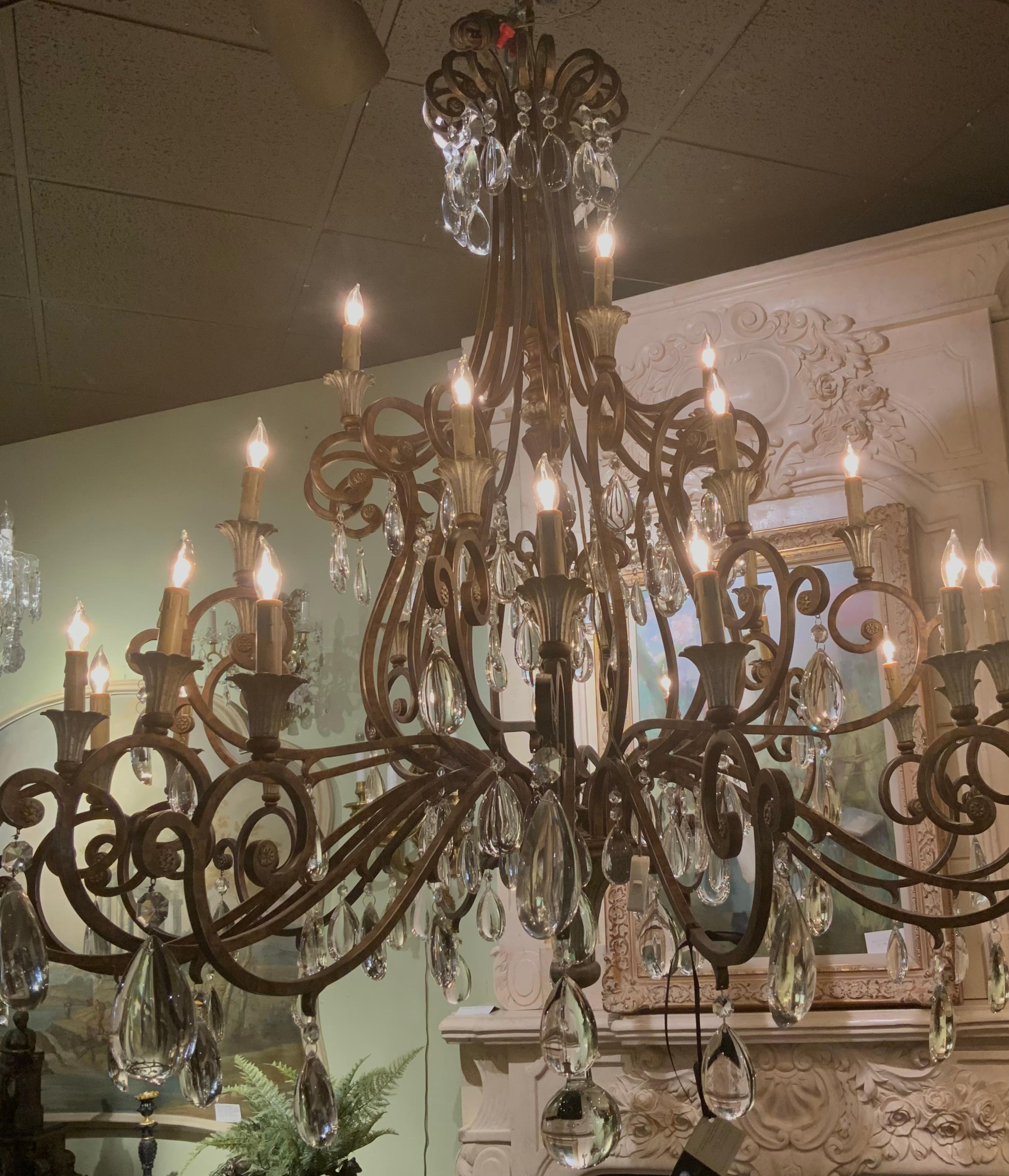 Italian Large iron and crystal 29 light chandelier  For Sale