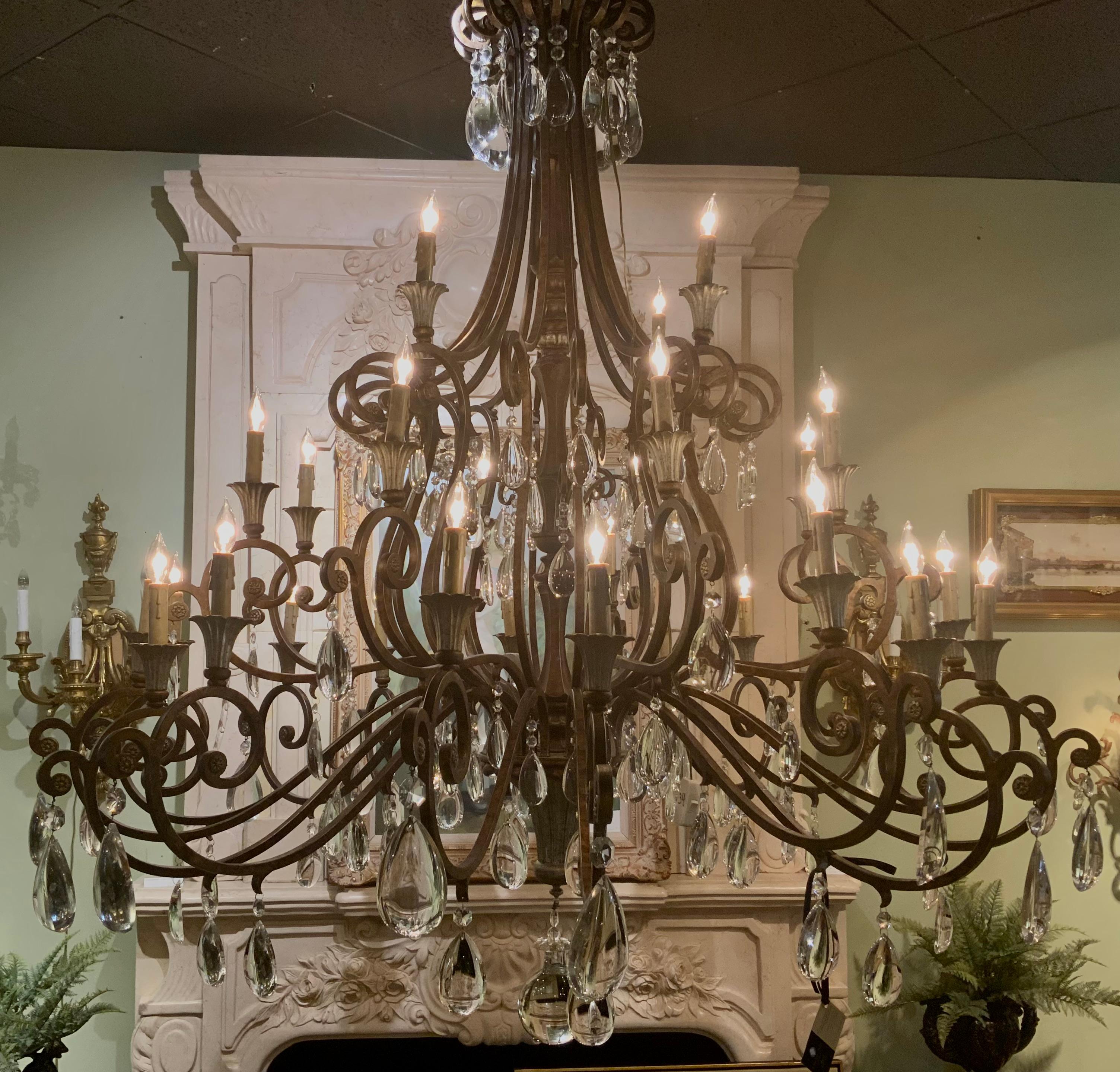 Crystal Large iron and crystal 29 light chandelier  For Sale