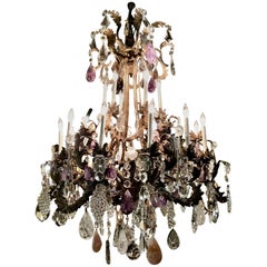 Large Iron and Crystal Chandelier with Clear, Rock, Rose Quartz and Amythest