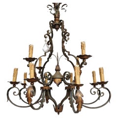 Large Iron and Crystal French Chandelier with 12 Lights