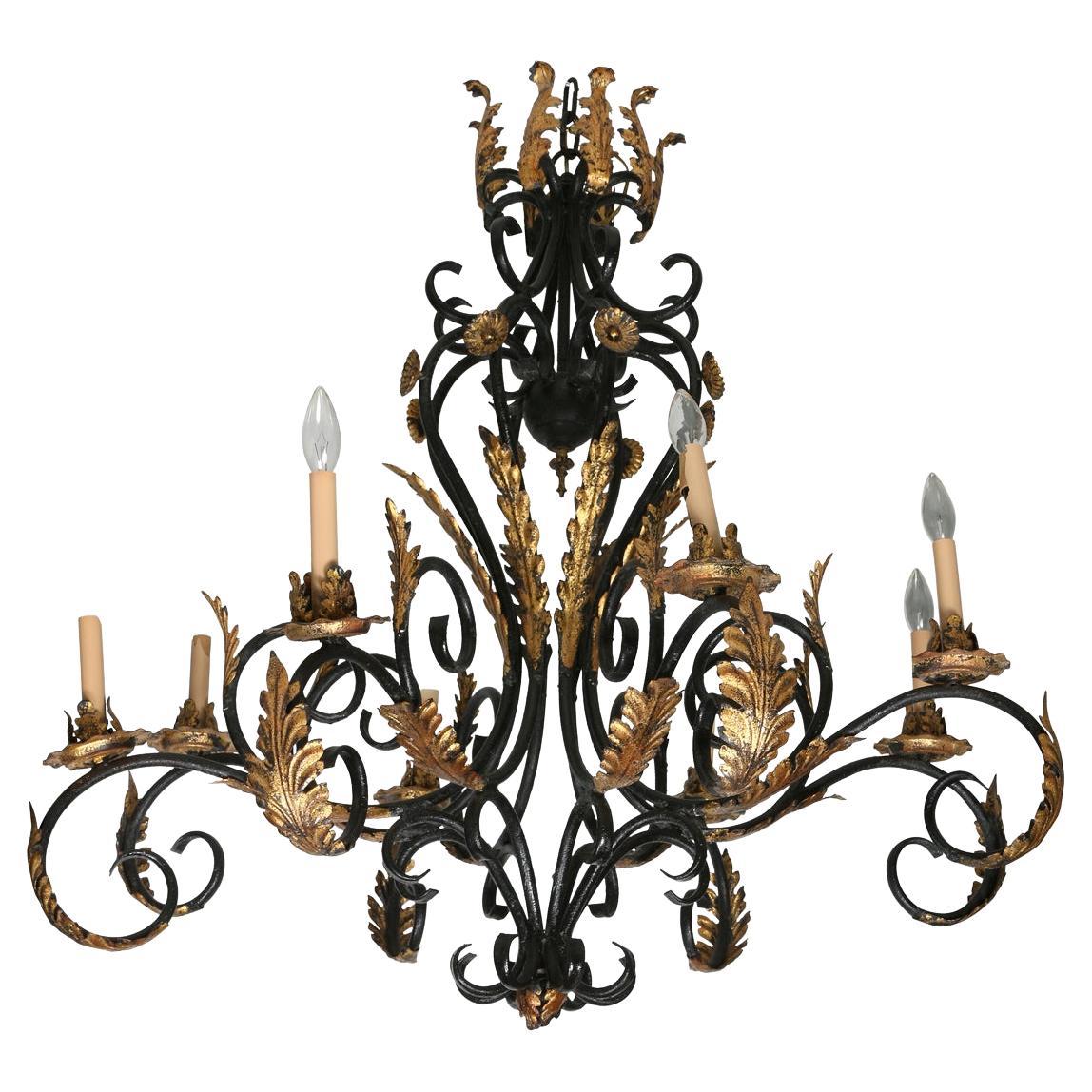 Large Iron and Gilt Spanish Style Chandelier For Sale