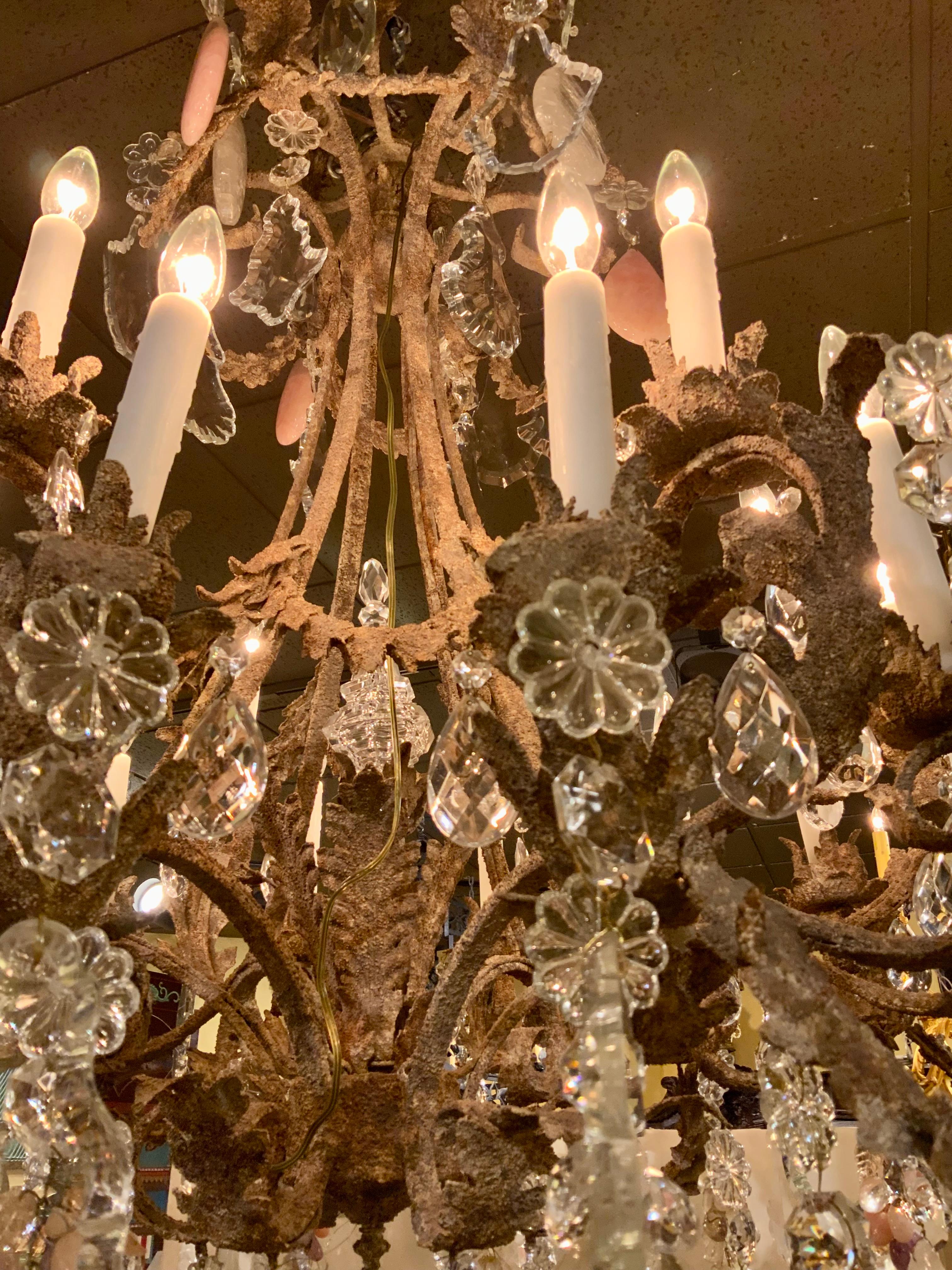 Large iron chandelier, custom finish with clear, rock,  rose quartz and amethyst In New Condition For Sale In Houston, TX