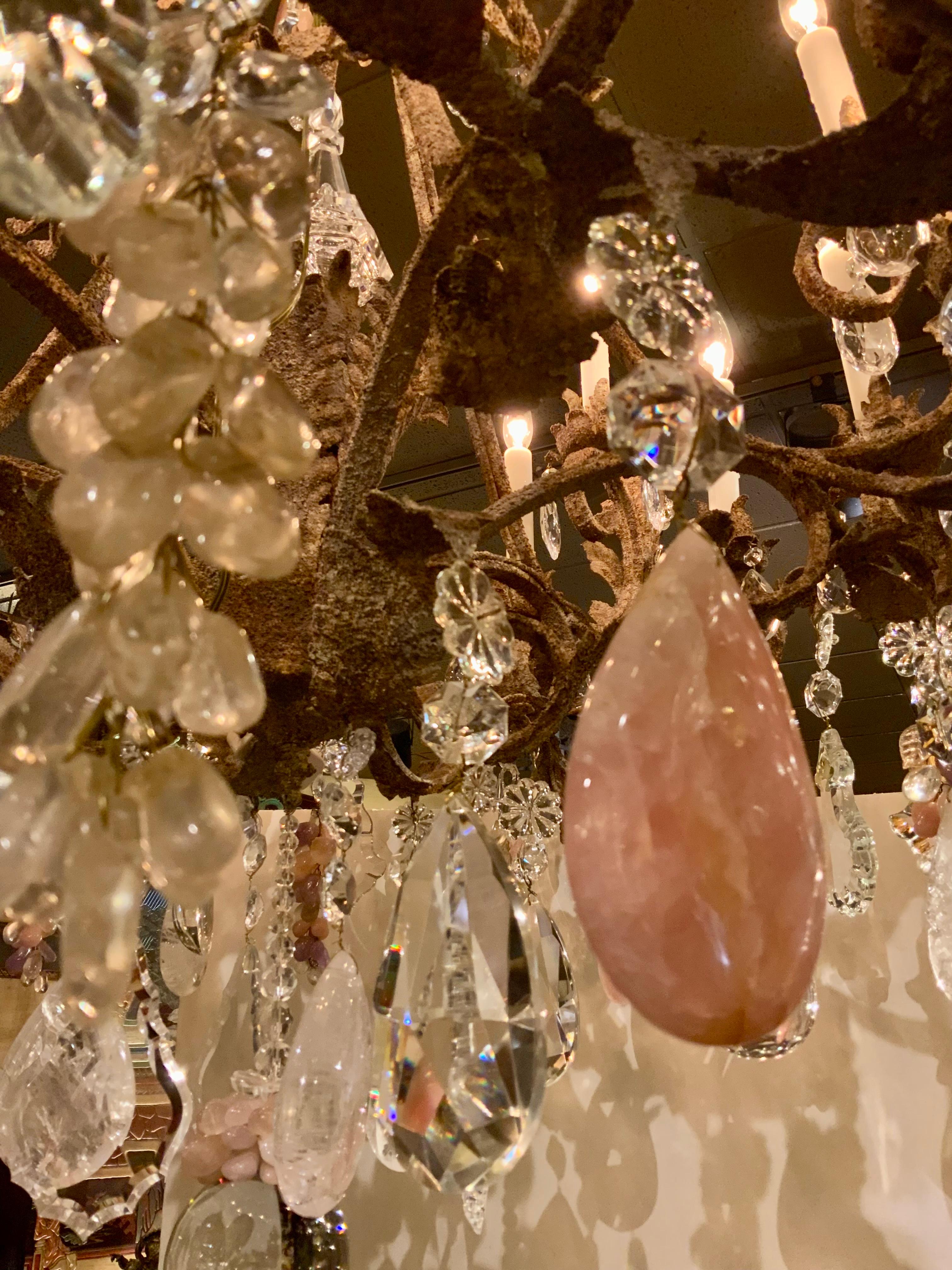 Contemporary Large iron chandelier, custom finish with clear, rock,  rose quartz and amethyst