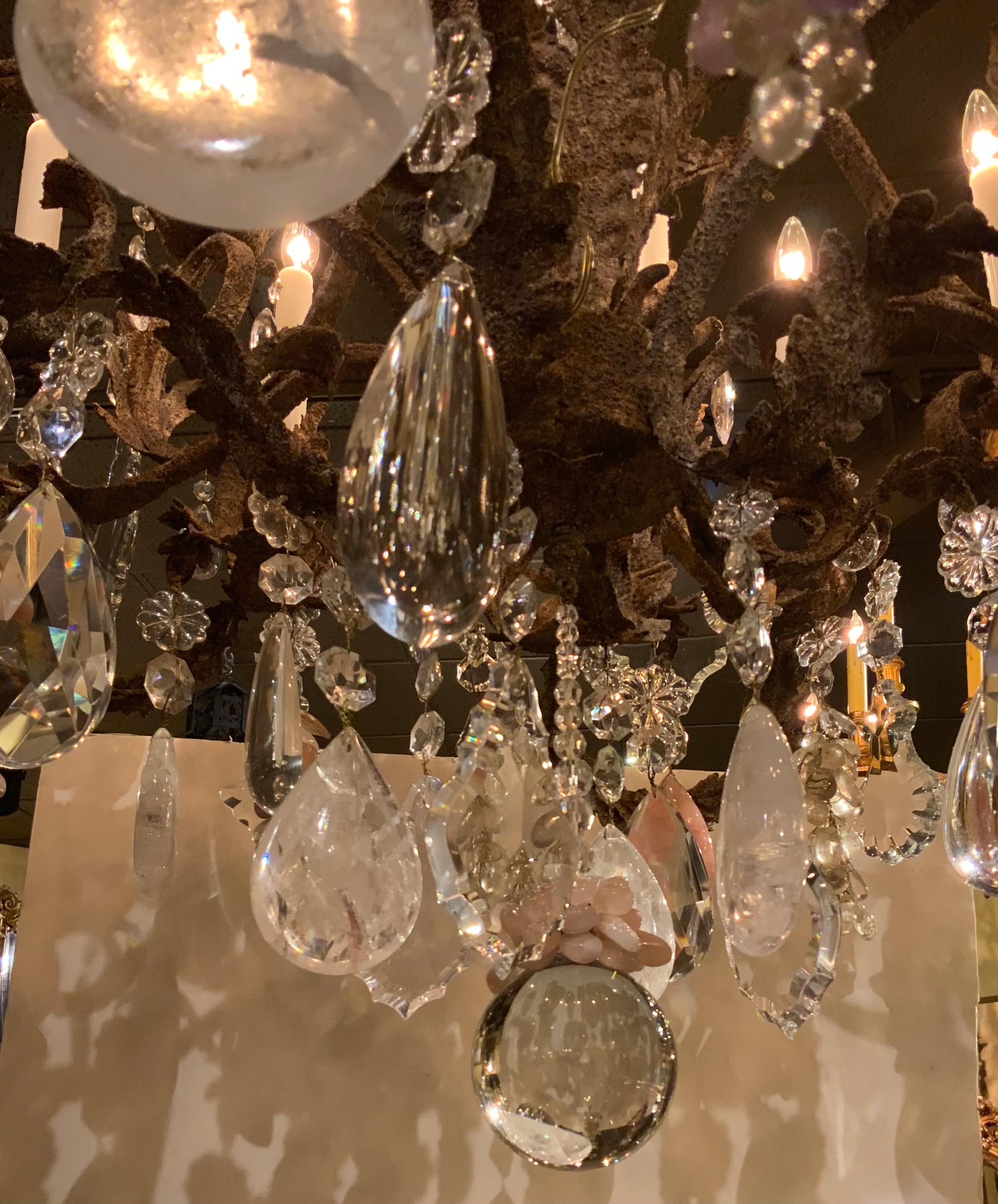Crystal Large iron chandelier, custom finish with clear, rock,  rose quartz and amethyst