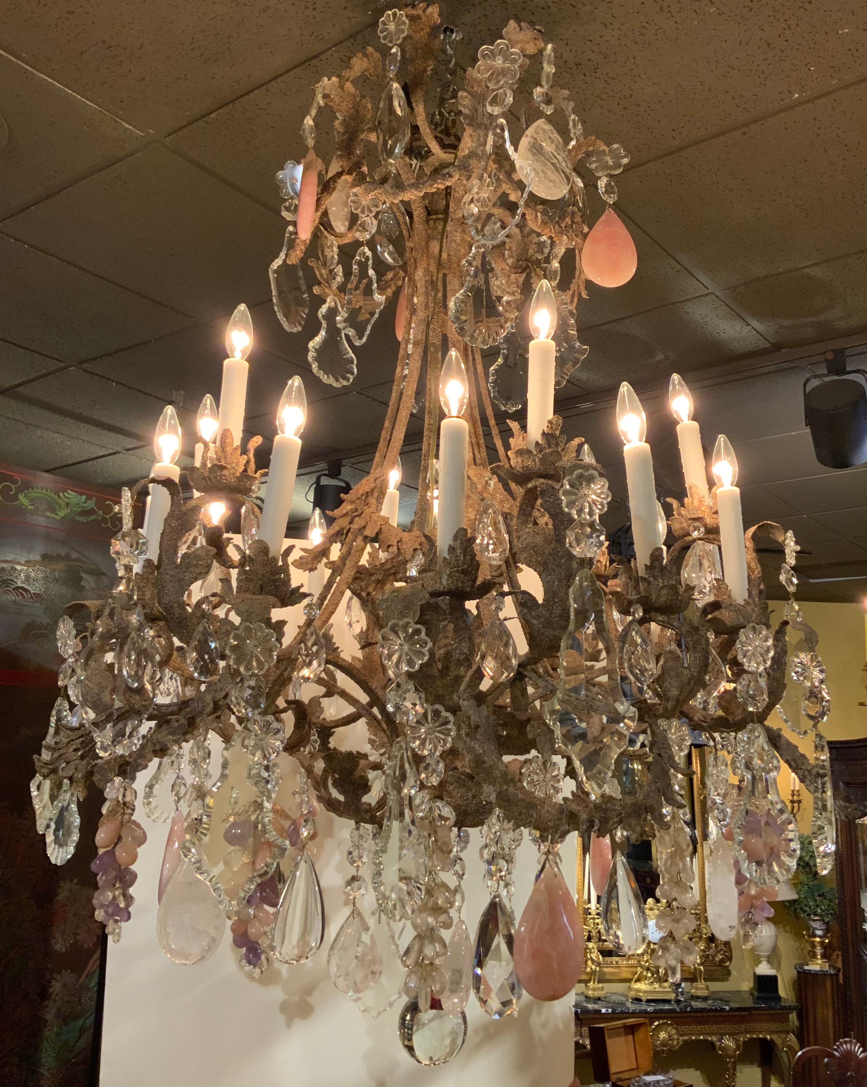 Large iron chandelier, custom finish with clear, rock,  rose quartz and amethyst For Sale 1