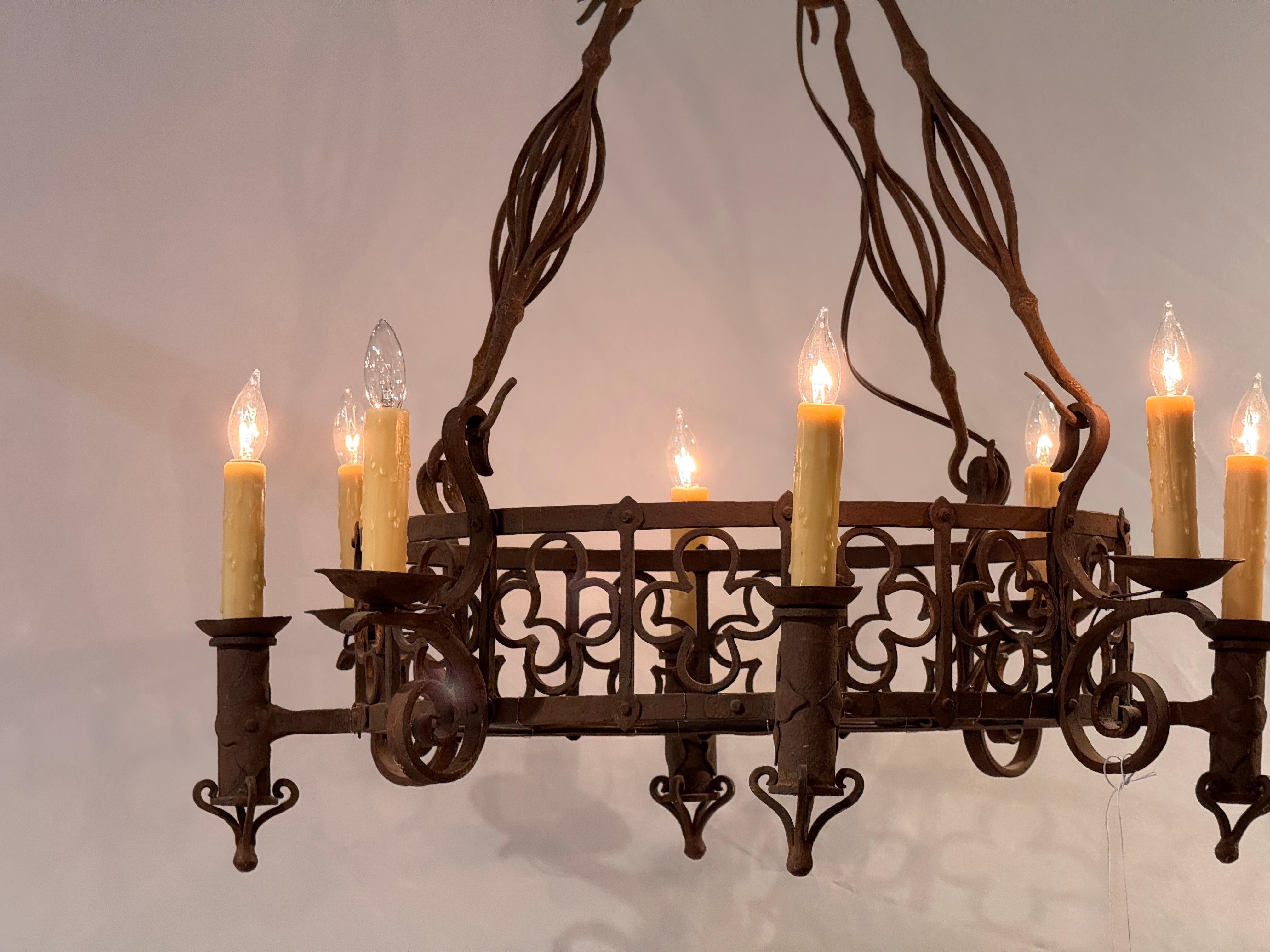 Large Iron Chandelier With Gothic-Inspired Scrollwork For Sale 1