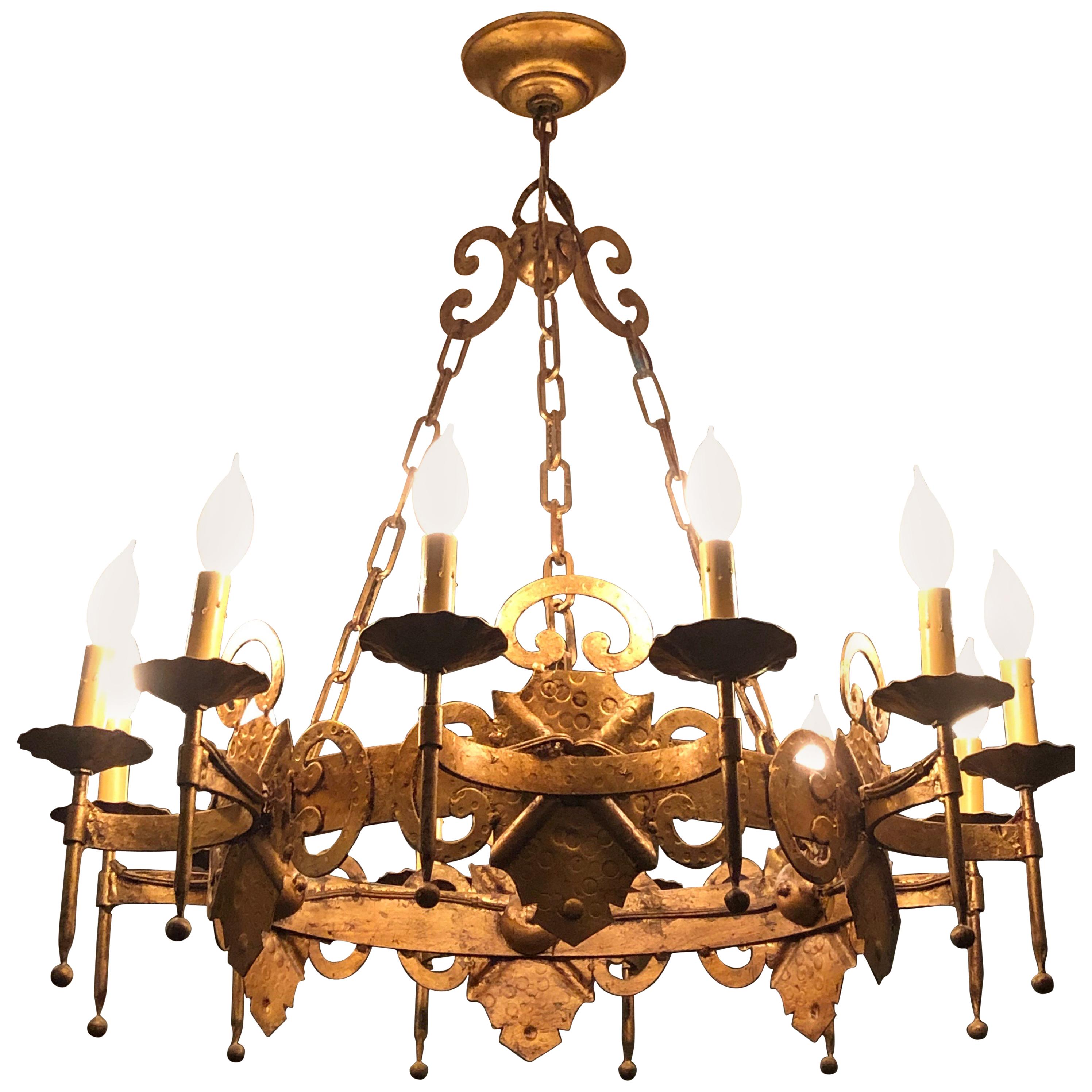 Large Iron Gothic Hollywood Regency Tole Chandelier