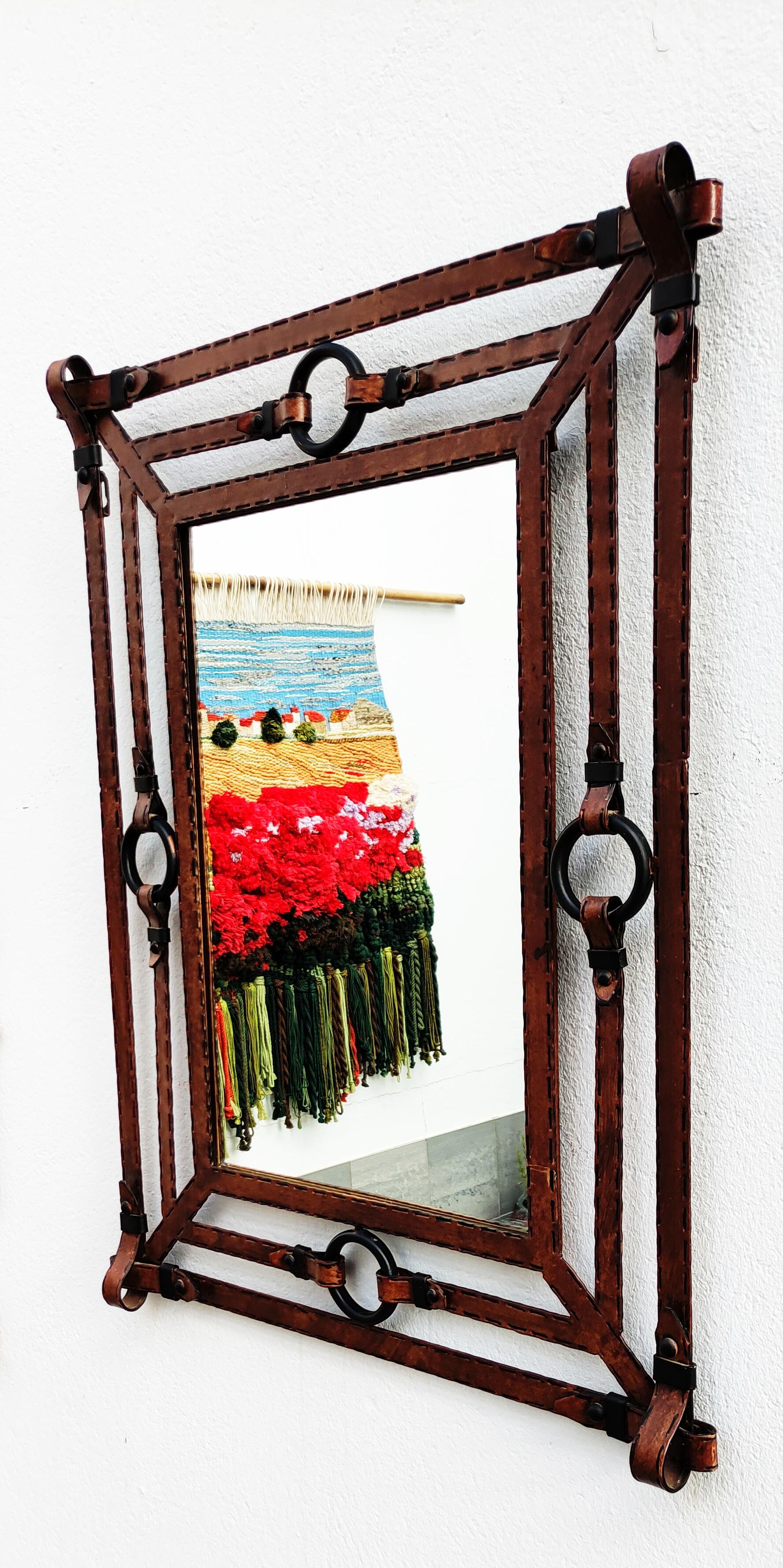 Large Iron Mirror Like Leather by Jean Pierre Ryckaert, France 1960s 2