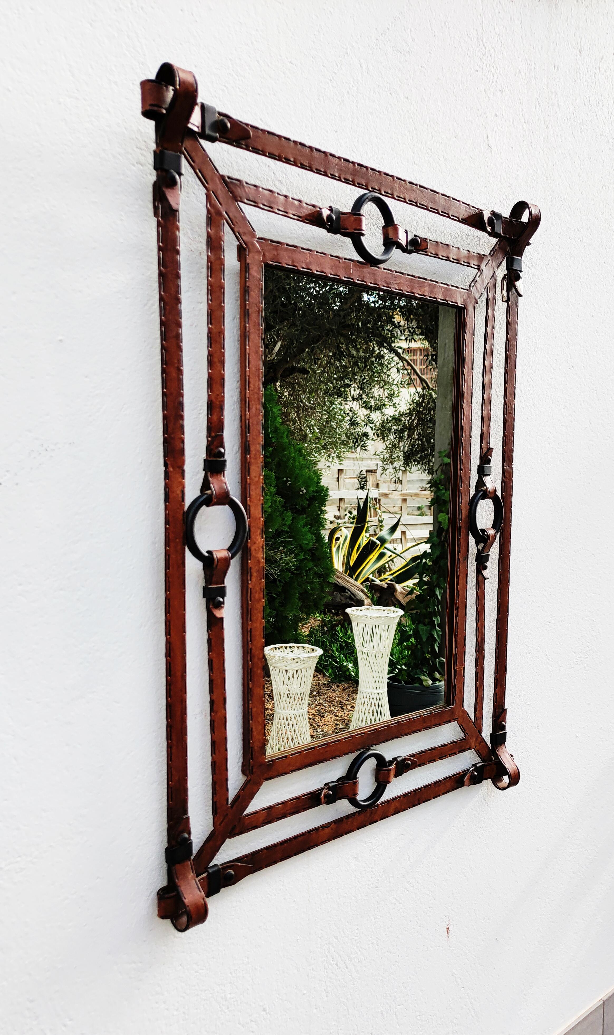 Large Iron Mirror Like Leather by Jean Pierre Ryckaert, France 1960s 3