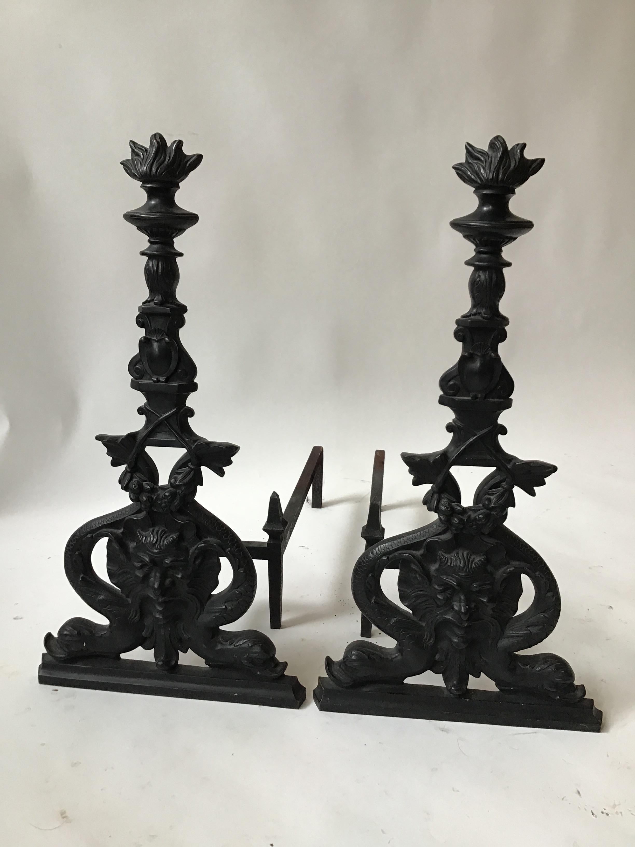 Large Iron North Wind and Dolphin Andirons In Good Condition For Sale In Tarrytown, NY