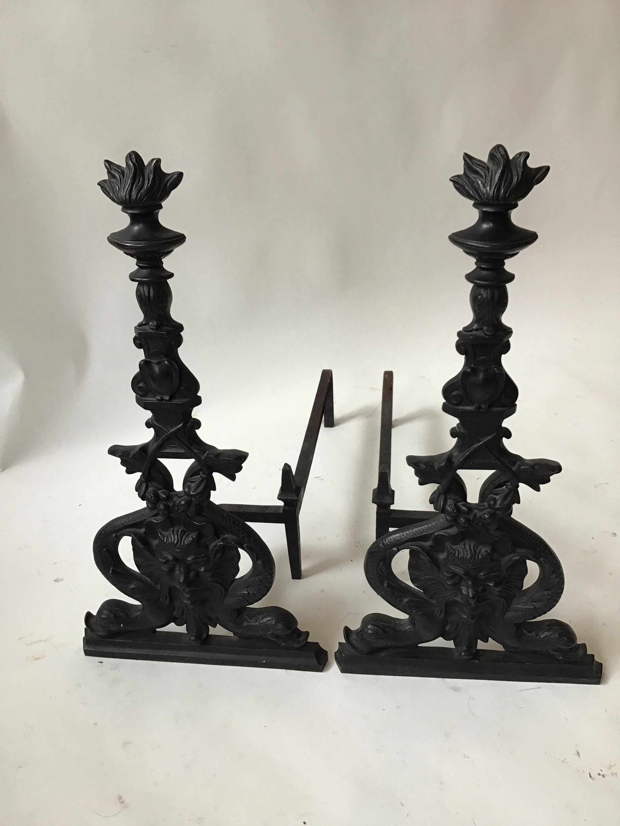 Late 20th Century Large Iron North Wind and Dolphin Andirons For Sale