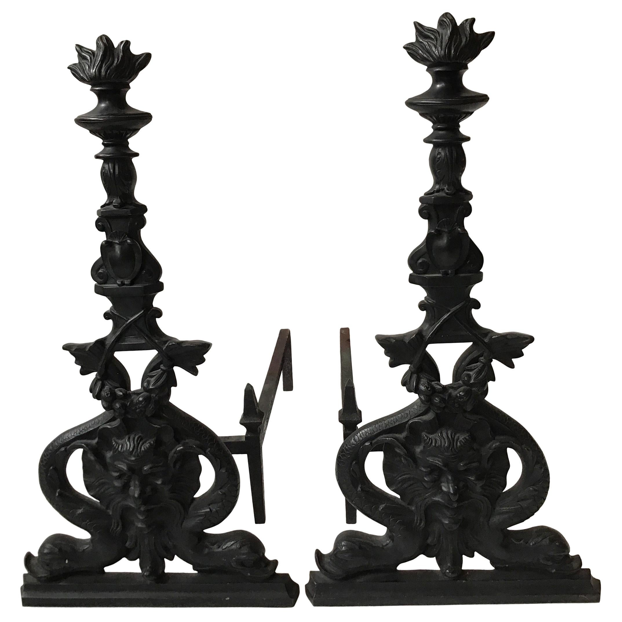 Large Iron North Wind and Dolphin Andirons