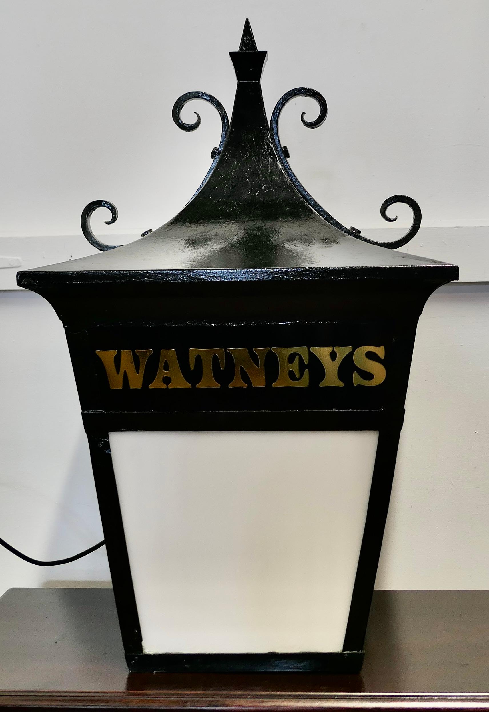 Large Iron “Watneys” Pub Lantern

A Great looking piece, the lantern is larger than life, it would once have been hung outside of a Pub

The Lamp is fully working, the side panels have been replaced with opaque perspex and the iron work is painted