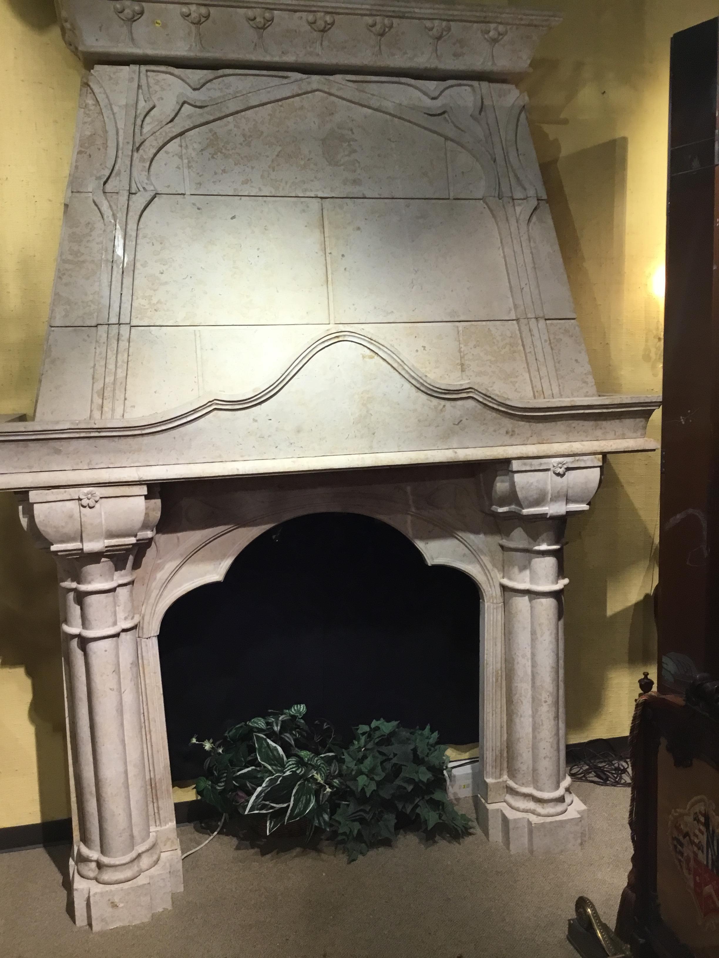 Chinese Large Ironstone Hand Carved Mantle, Cream Colored