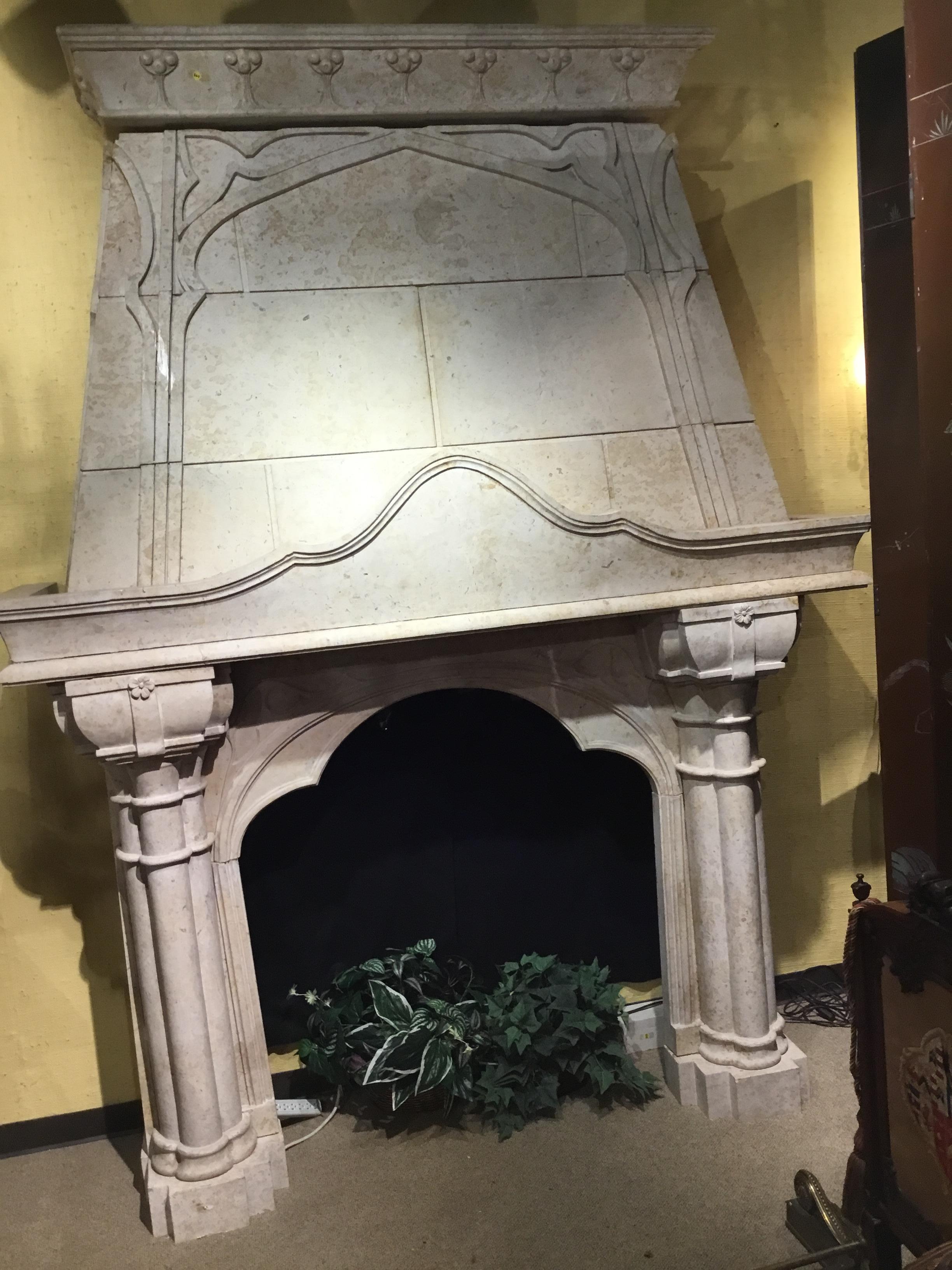 Hand-Carved Large Ironstone Hand Carved Mantle, Cream Colored