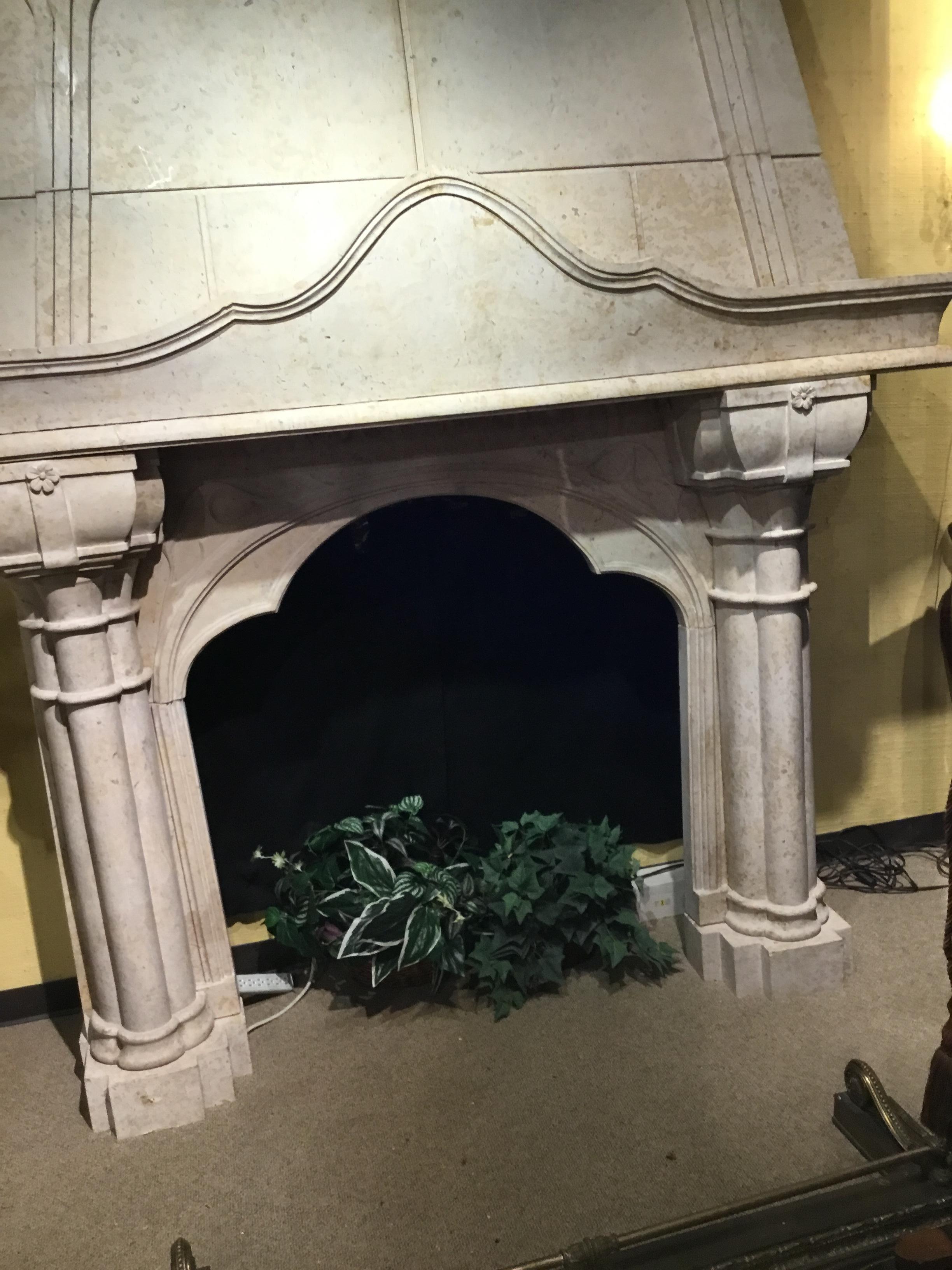 Large Ironstone Hand Carved Mantle, Cream Colored In Good Condition In Houston, TX