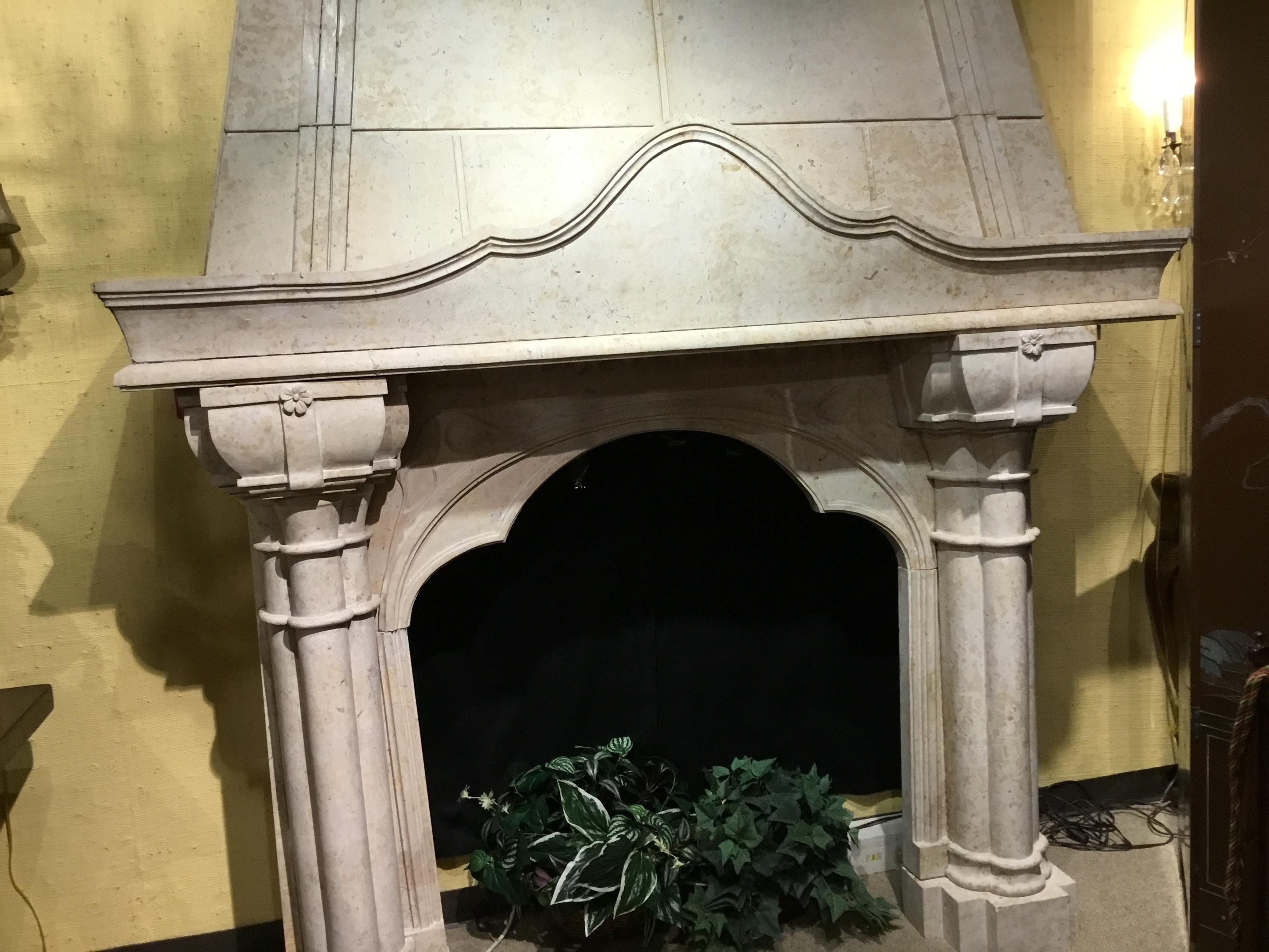 Contemporary Large Ironstone Hand Carved Mantle, Cream Colored