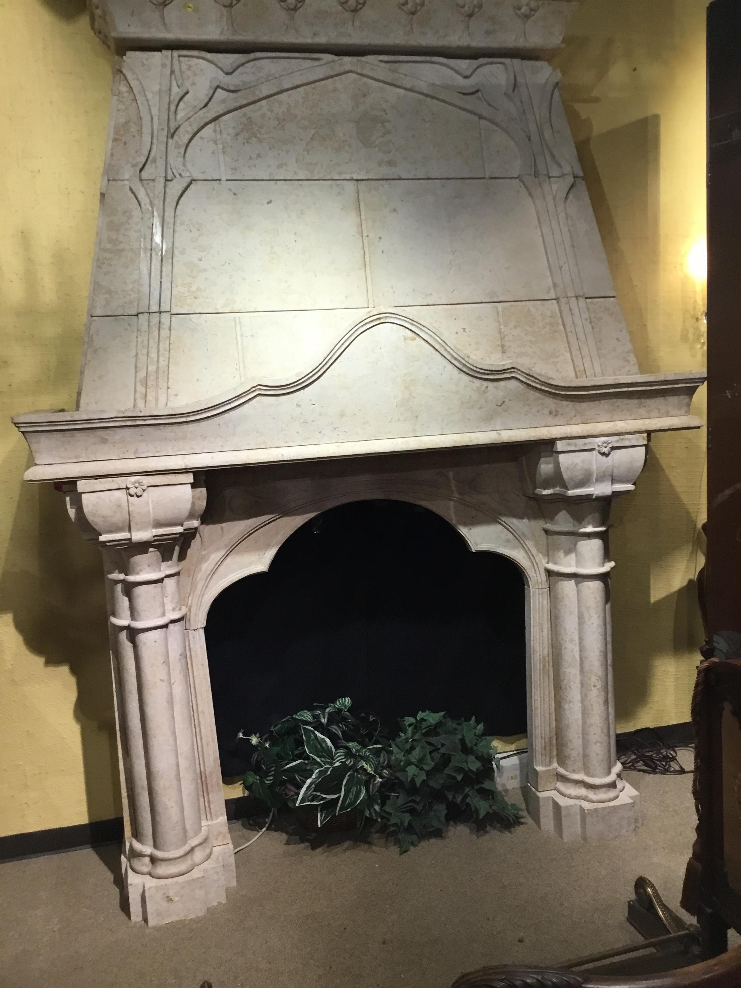 Large Ironstone Hand Carved Mantle, Cream Colored 1