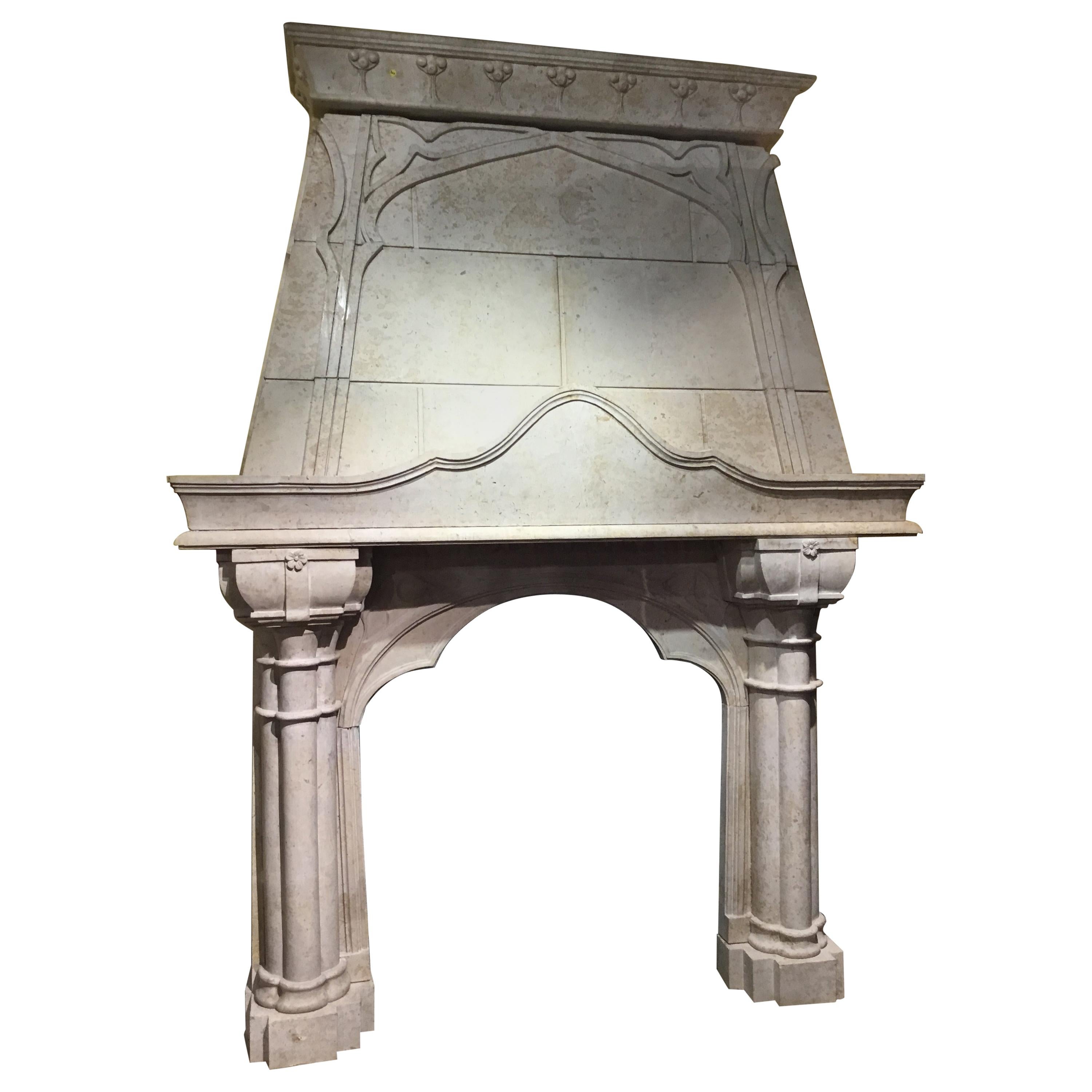 Large Ironstone Hand Carved Mantle, Cream Colored