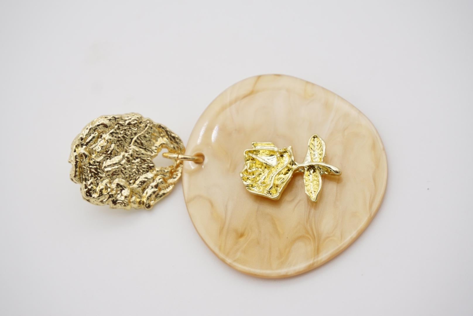 Large Irregular Disc Round Relief Rose Pendant Gold Yellow Drop Pierced Earrings For Sale 5