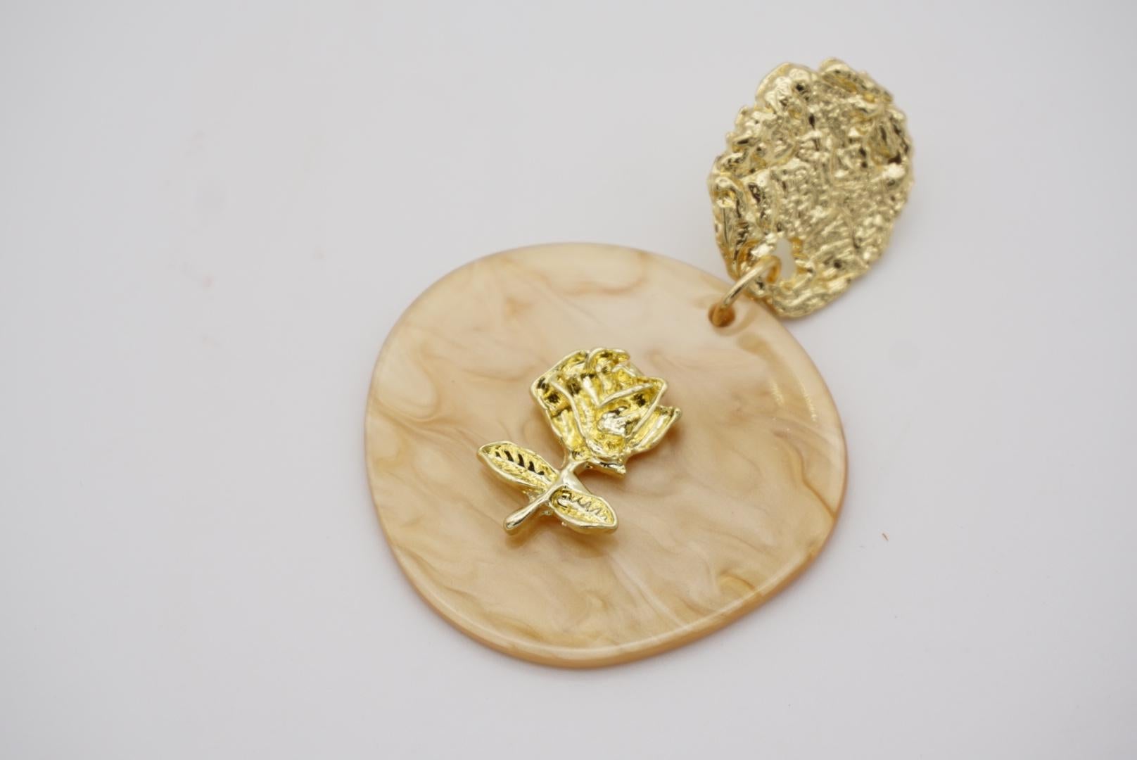 Large Irregular Disc Round Relief Rose Pendant Gold Yellow Drop Pierced Earrings For Sale 6