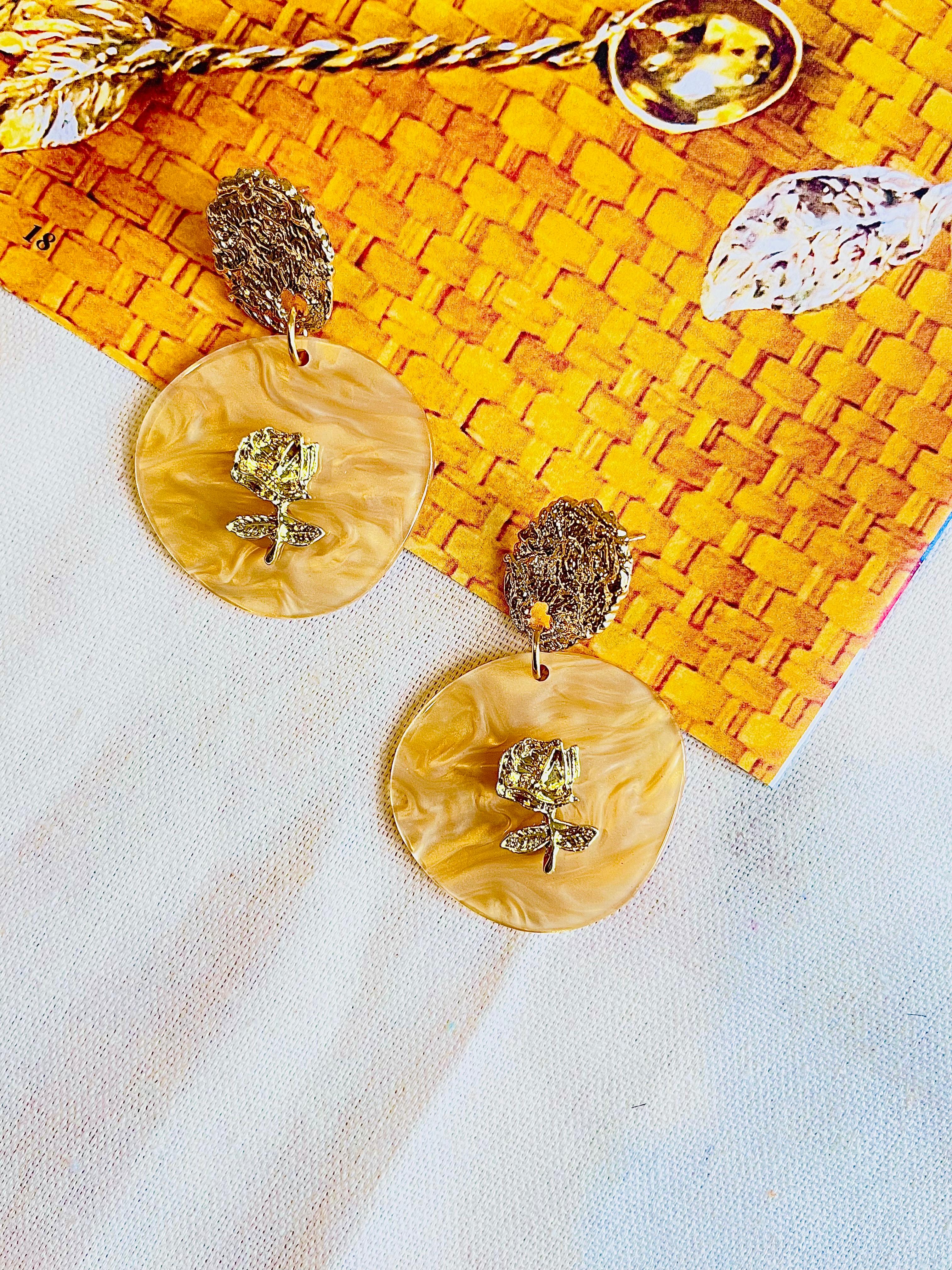 Art Deco Large Irregular Disc Round Relief Rose Pendant Gold Yellow Drop Pierced Earrings For Sale