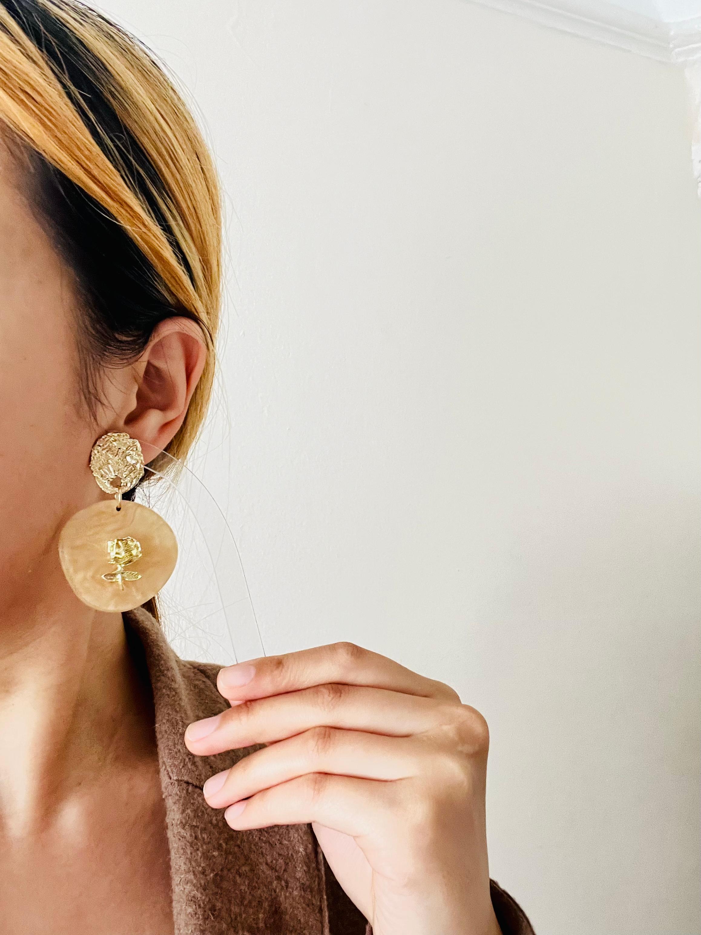Women's or Men's Large Irregular Disc Round Relief Rose Pendant Gold Yellow Drop Pierced Earrings For Sale