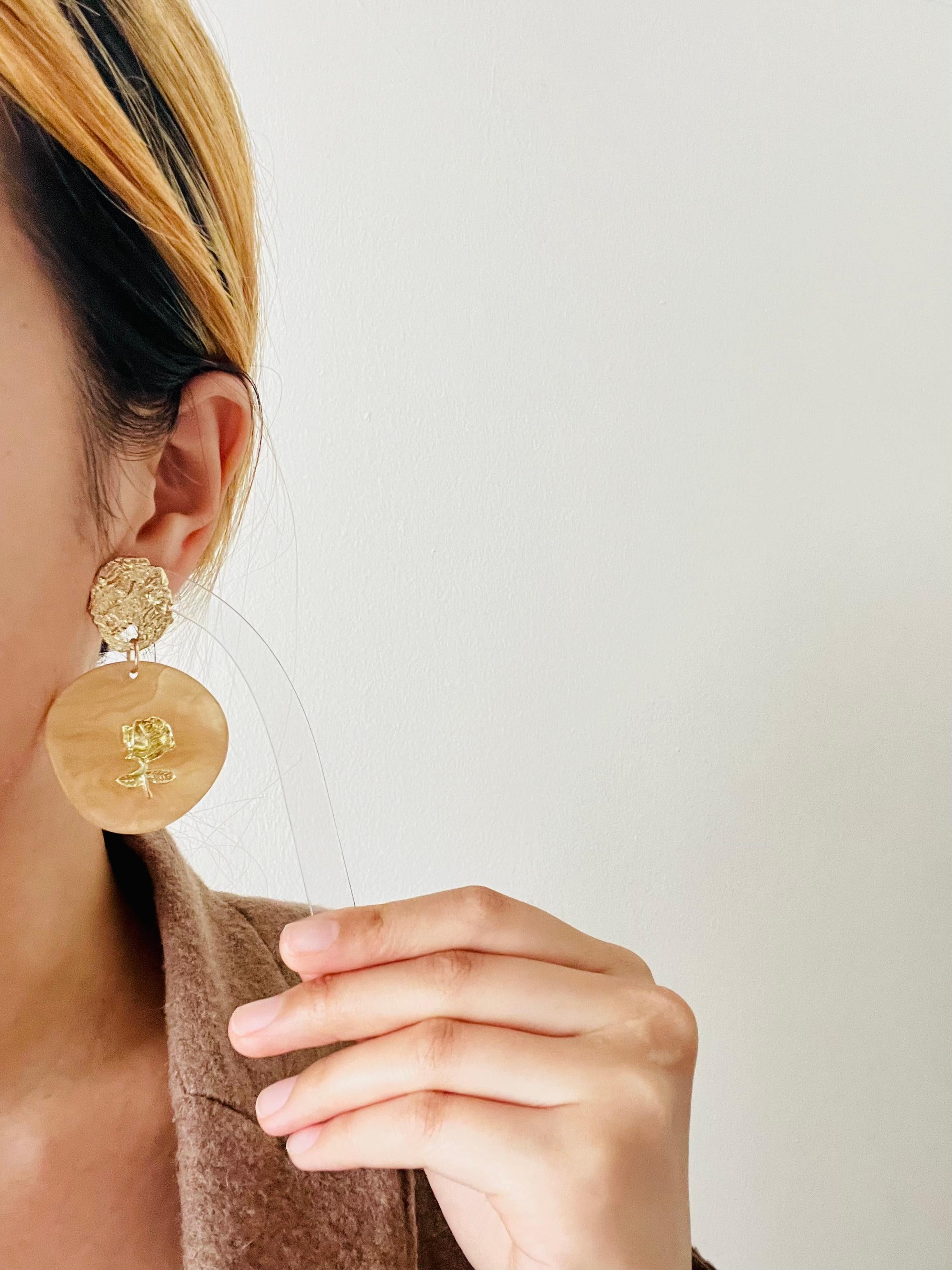 Large Irregular Disc Round Relief Rose Pendant Gold Yellow Drop Pierced Earrings For Sale 1