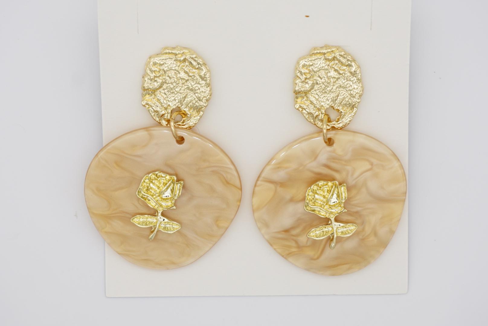 Large Irregular Disc Round Relief Rose Pendant Gold Yellow Drop Pierced Earrings For Sale 2