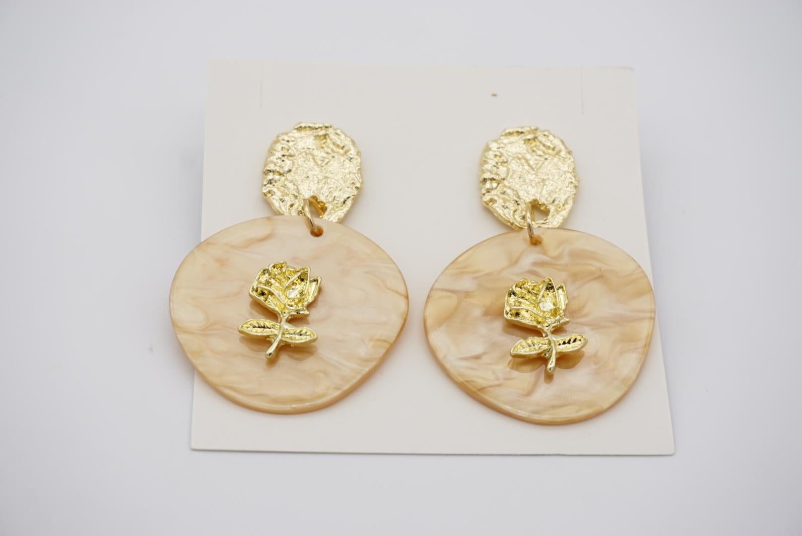Large Irregular Disc Round Relief Rose Pendant Gold Yellow Drop Pierced Earrings For Sale 3