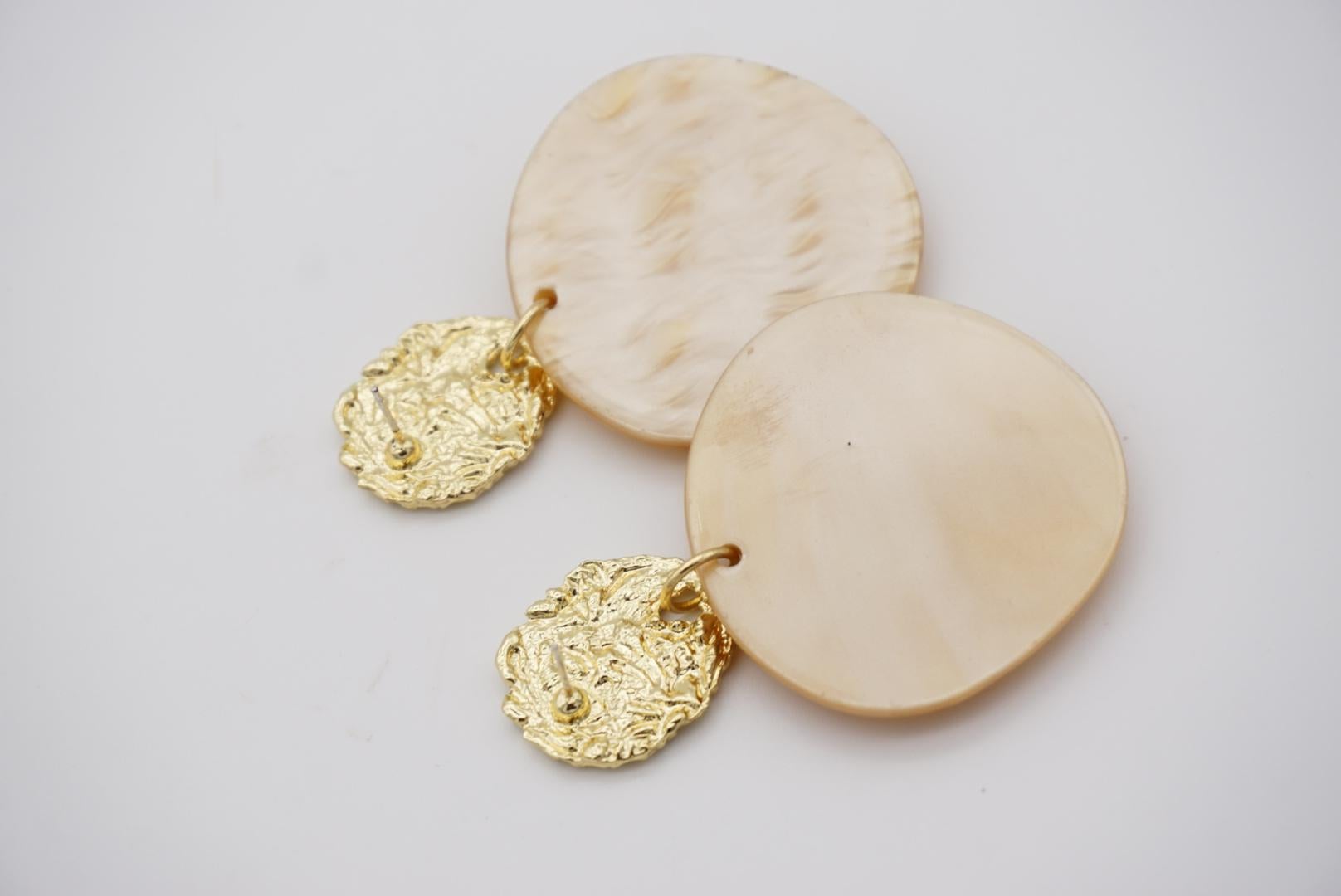 Large Irregular Disc Round Relief Rose Pendant Gold Yellow Drop Pierced Earrings For Sale 4