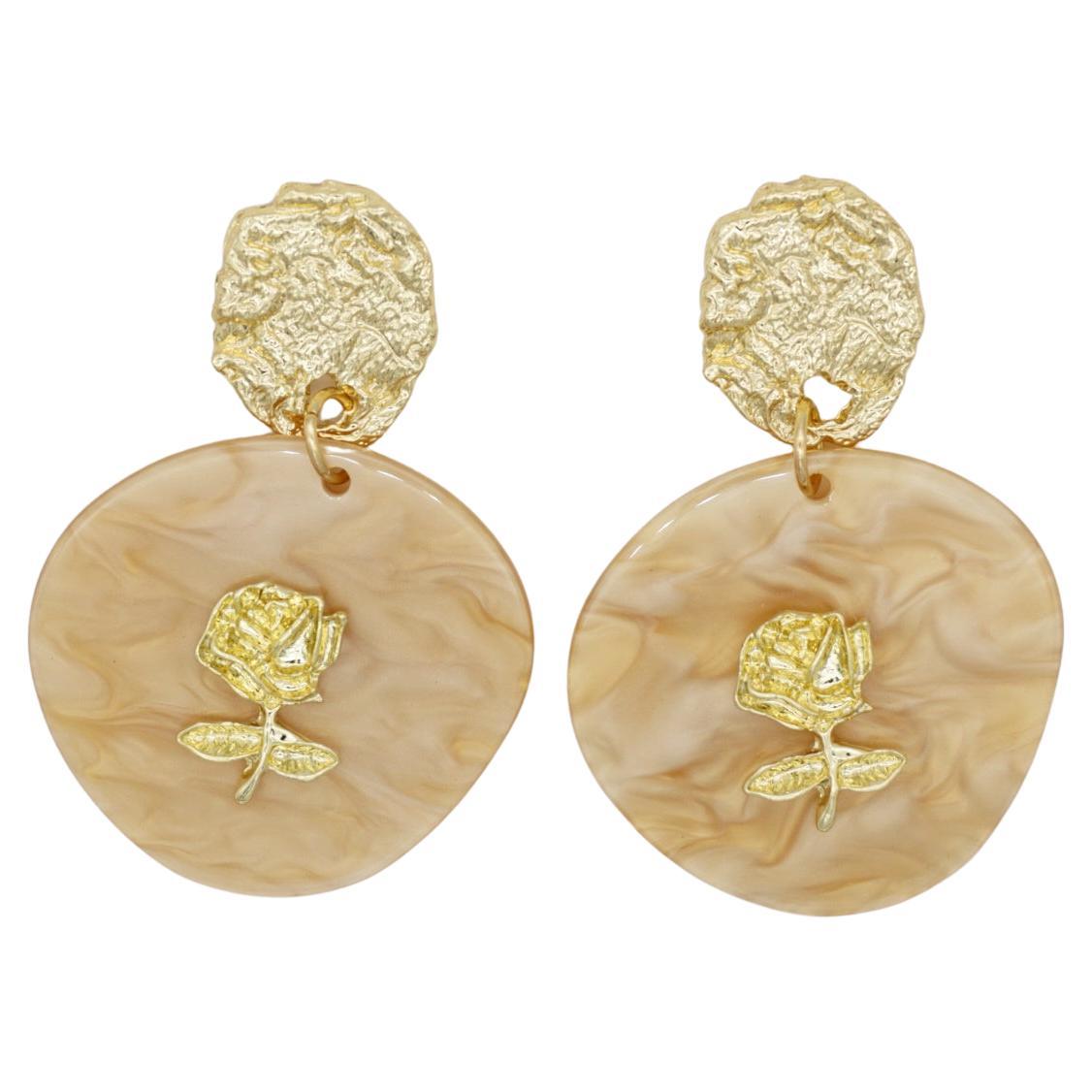 Large Irregular Disc Round Relief Rose Pendant Gold Yellow Drop Pierced Earrings For Sale