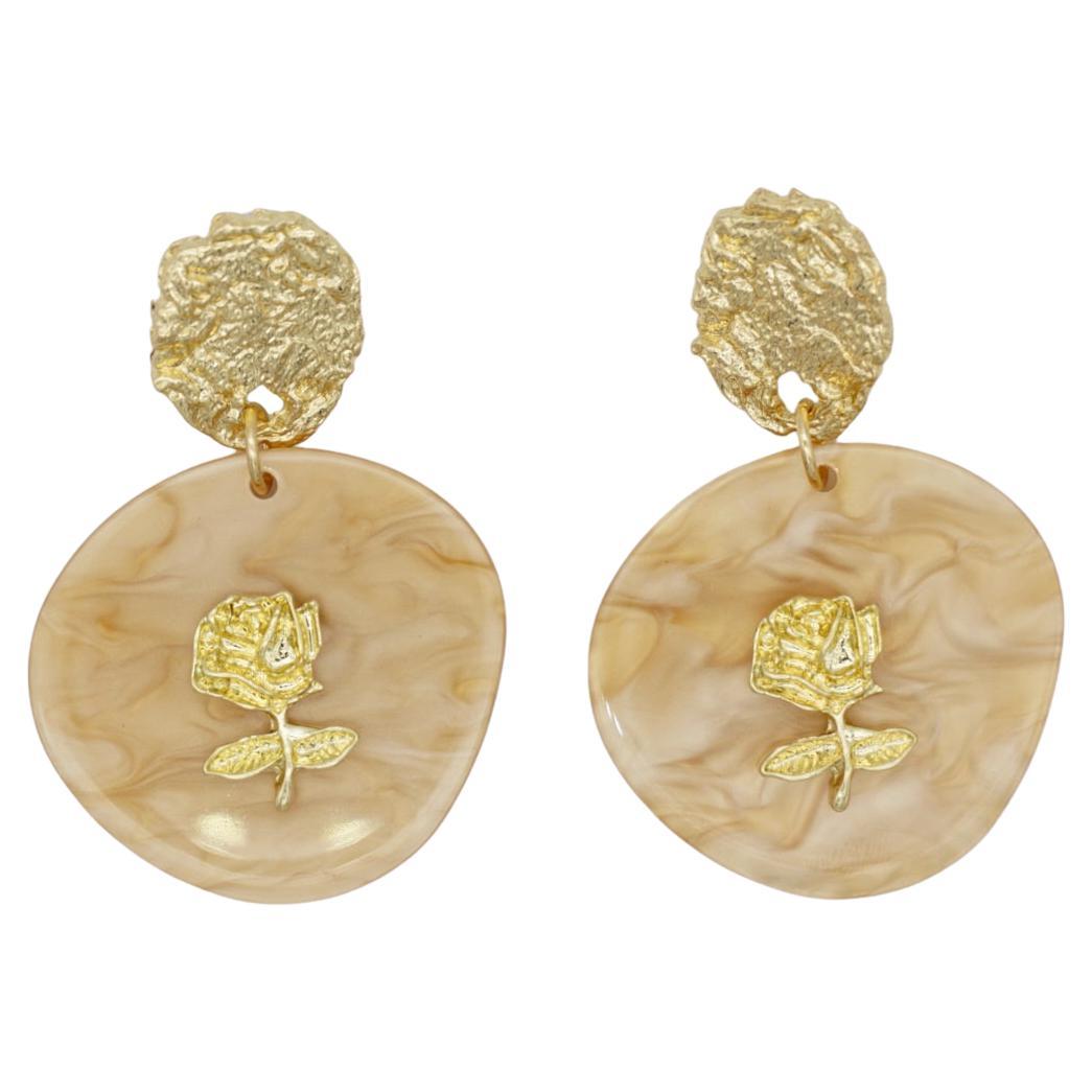 Large Irregular Disc Round Relief Rose Pendant Gold Yellow Drop Pierced Earrings For Sale